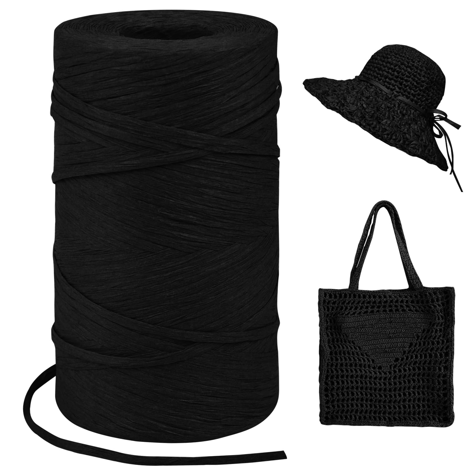 Black Raffia Yarn for Crochet Bags, 3mm x 328 Yards Flat String Raffia Paper Ribbon Yarn for Gift Wrapping, Crocheting Sun Hat, Bag, DIY Crafts, Holiday Decoration