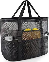 Bolsa de praia de malha extragrande, bolsa dobrável leve com vários bolsos para viagem à praia em família, piscina, viagem, preta