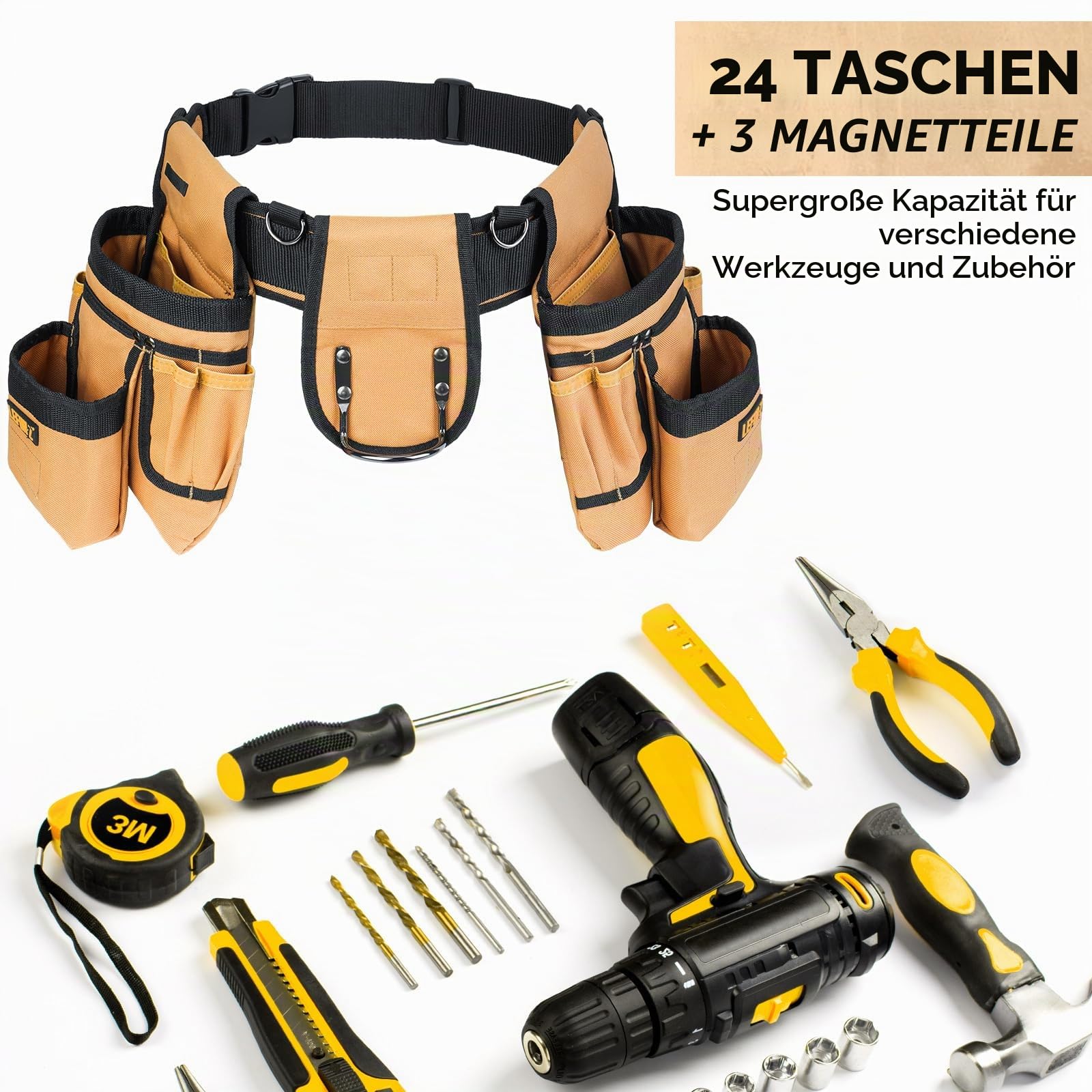 Werkzeuggürtel,Magnetische Werkzeugtasche Gepolsterter mit 27 Taschen 4 D-Ringen für Herren,Robust Abnehmbare Verstellbare Allzweckgürtel für Elektriker,Männer,Tischler,Bauarbeiter,Schwarz Braun