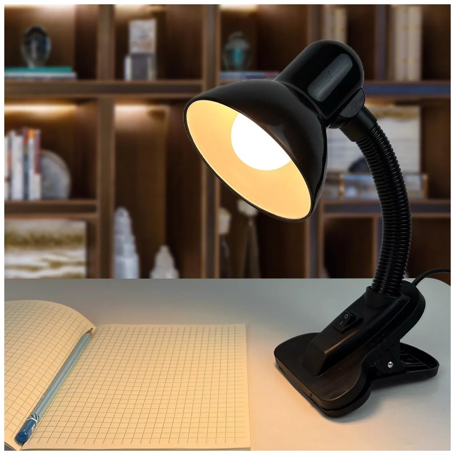 Duas Black Adjustable Desk Lamp With Clamp For Bed, Study, And Reading - Modern Clip Light, E27 Bulb, 40W, Adjustable Arm, /White (Black)