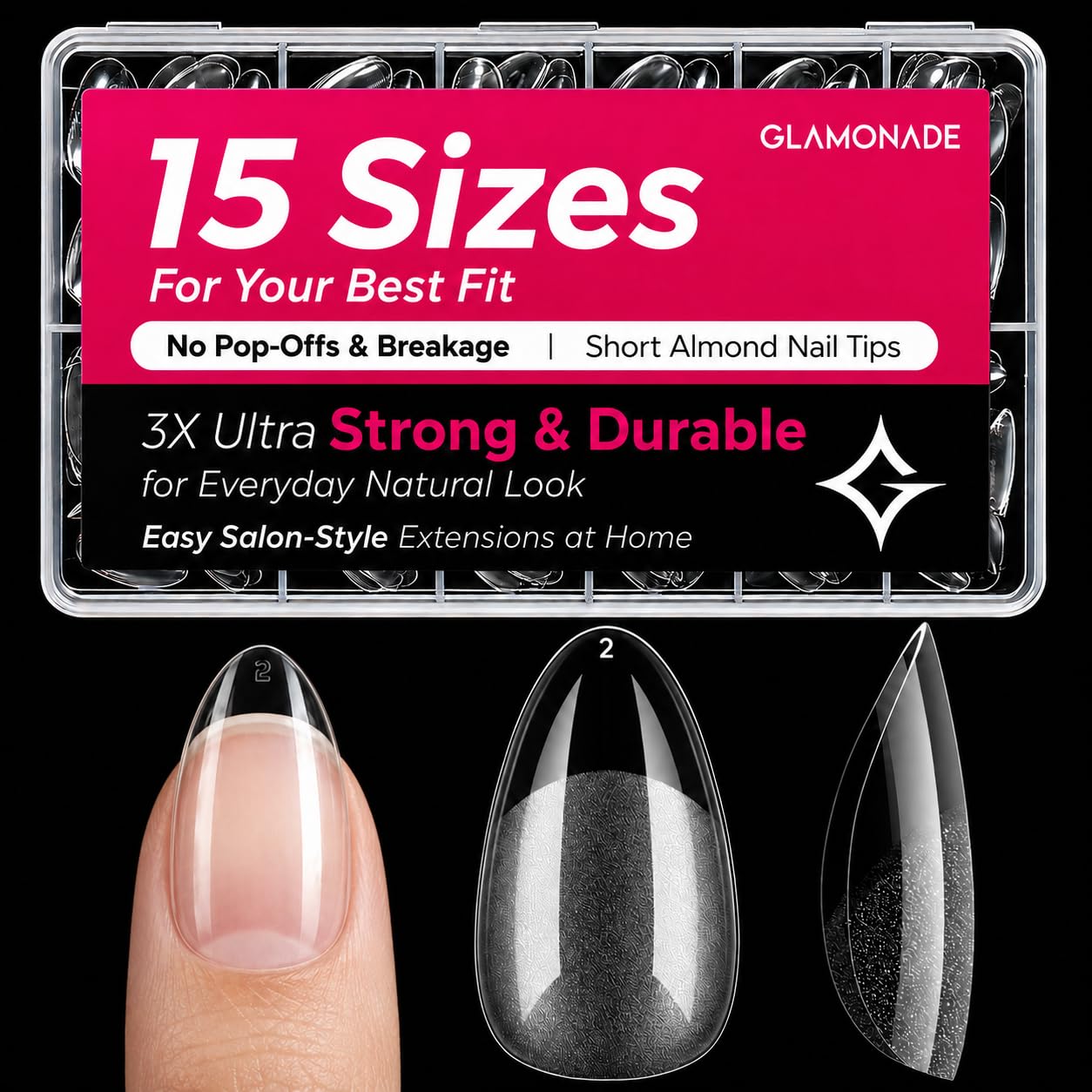 Glamonade 15 Sizes Pre-Shaped Short Almond Easy Clear Soft Gel Nail Tips