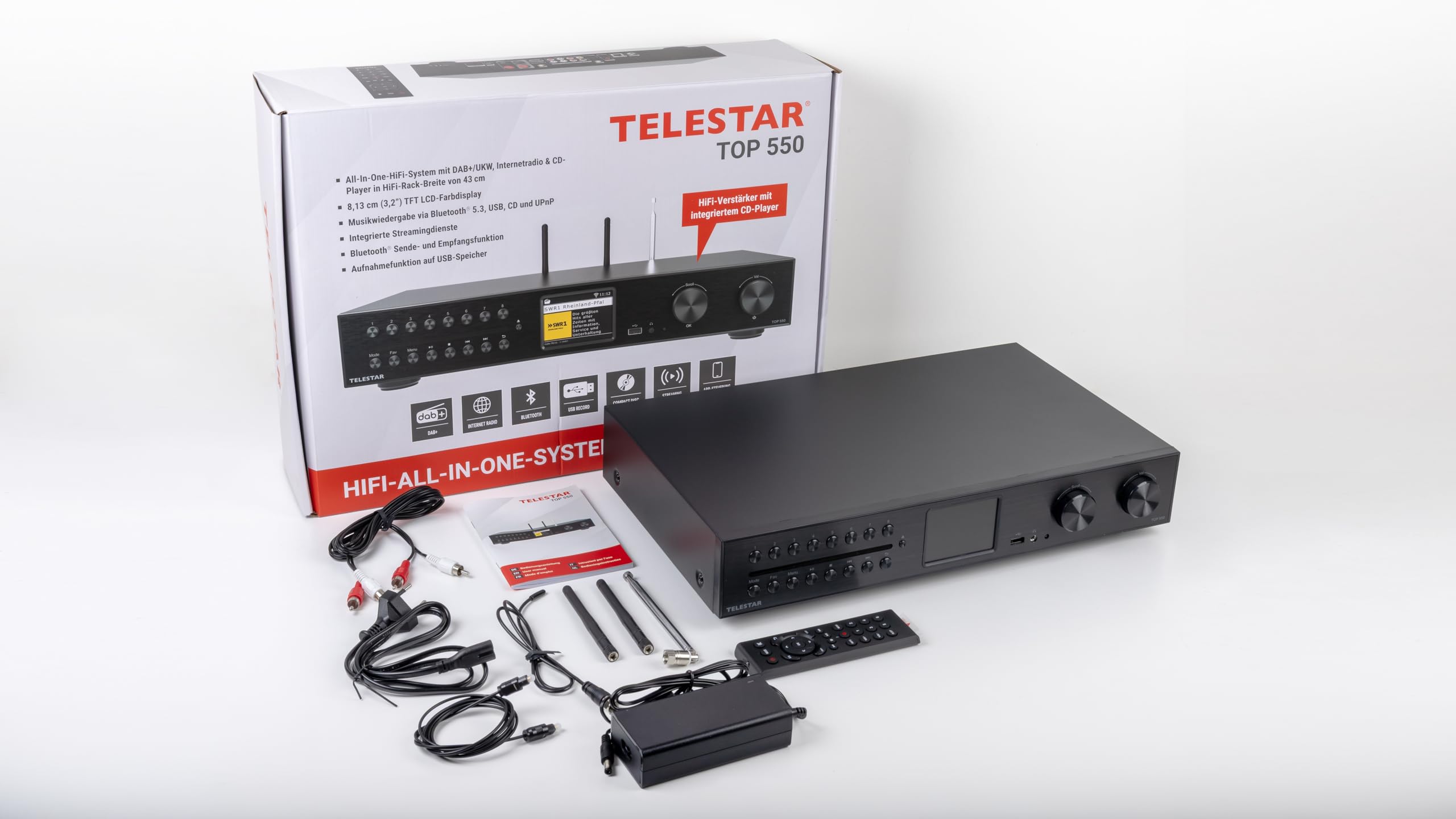 TELESTAR TOP 550 – HiFi-System mit Verstärker & CD-Player, 43 cm – Schwarz | 2 × 30 W, Internetradio/DAB+, Bluetooth Audio-Streaming & Sendefunktion, Hotelmodus, USB-Aufnahme, Streamingdienste