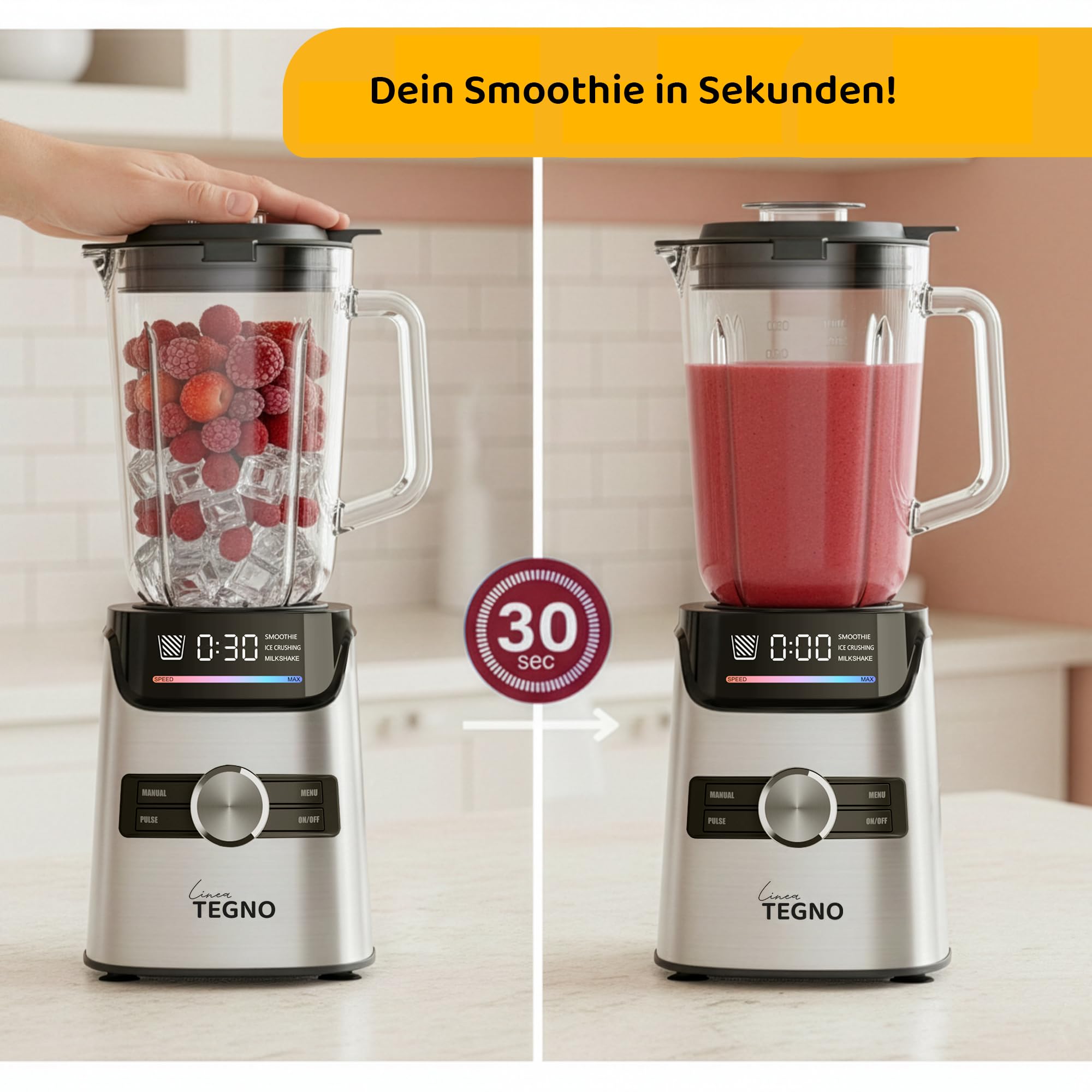 Power Blender - Linea Tegno – Profi Standmixer & Smoothie Maker – 1400W Hochleistungsmixer mit 1,7L Glasbehälter, LED-Display & 250ml Kaffeemühle – Edelstahl