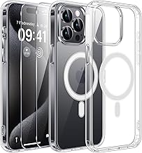 Phoona Magnetica Cover per iPhone 15 Pro,[Compatibile con MagSafe], con 2 Pellicole Vetro Temperato,Duro Indietro Custodia,Airbag anti caduta Case,Trasparente