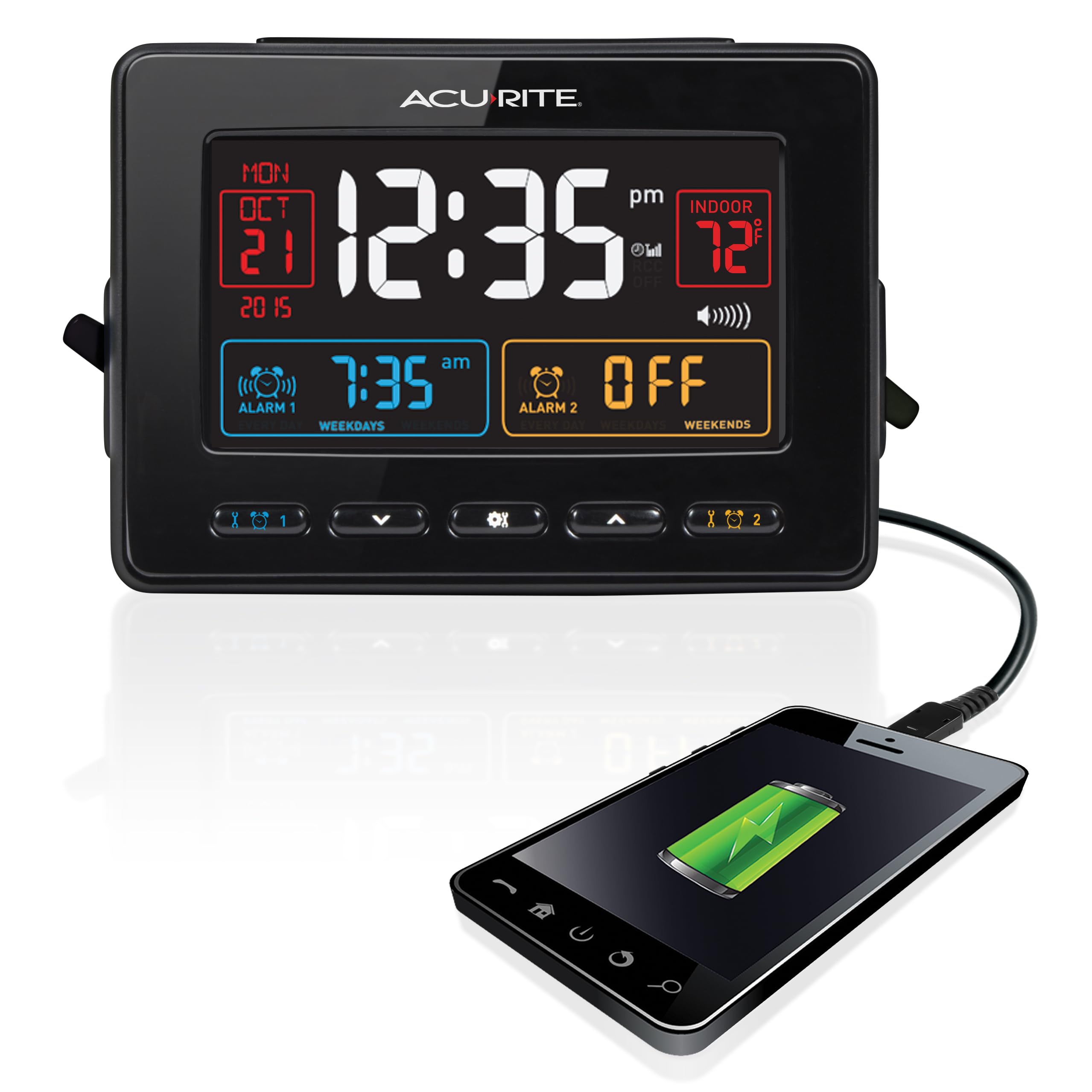 AcuRite 13024 Atomic Dual Alarm Clock with USB Charging, Black