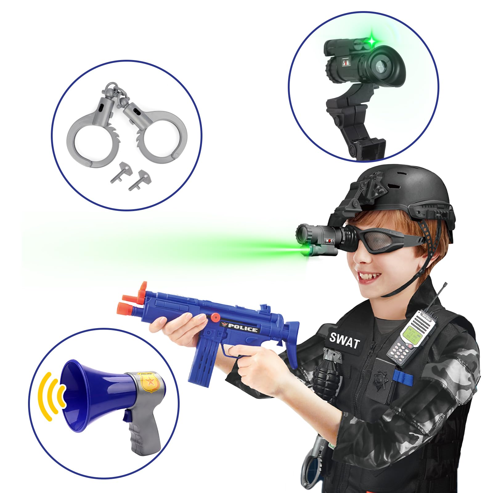 deAO przebranie policjanta, kostium policjanta dla dzieci z kamizelką, kaskiem, kajdankami, okularami, walkie-talkie itd., 18 szt. akcesoriów policyjnych