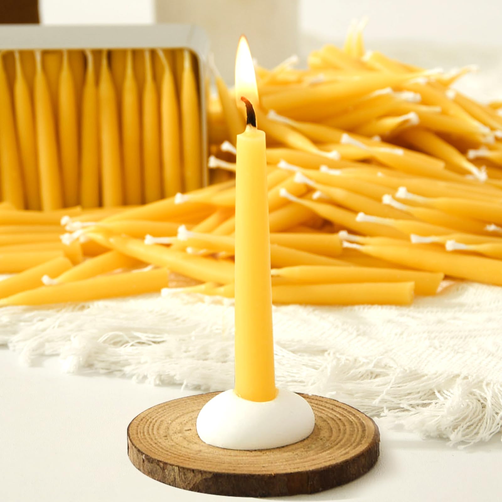 Velas de cera de abeja 100% pura de 20 minutos, mini velas cónicas de meditación consciente, sin humo y sin goteo con soporte para yoga, oración, relajación (amarillo, paquete de 120)