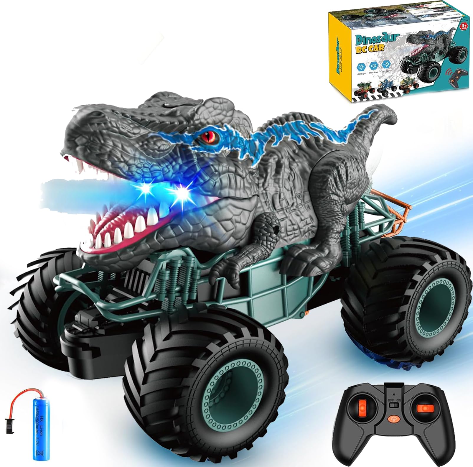 Monster Trucks Coche Teledirigido, Coche de Juguete Radio Control teledirigido Dinosaurios Unstoppable, vehículo Todoterreno, +3 años, RC Coche Juguetes con Niebla rociadora música Luces LED Regalo