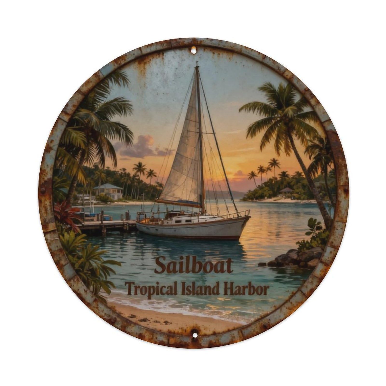 Sailboat Tropical Island Harbor Metal Tin Sign Plaque