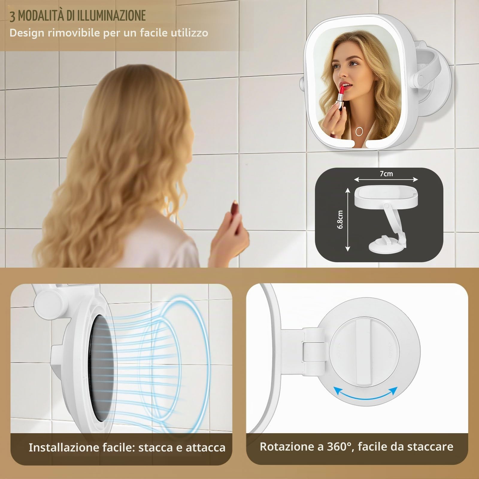 Specchio ingranditore con ventosa Specchio da trucco luminoso Specchio cosmetico double face 30X/1X,specchio da bagno con 3 modalità di illuminazione luminosità Regolabile,per Bagno e Viaggio