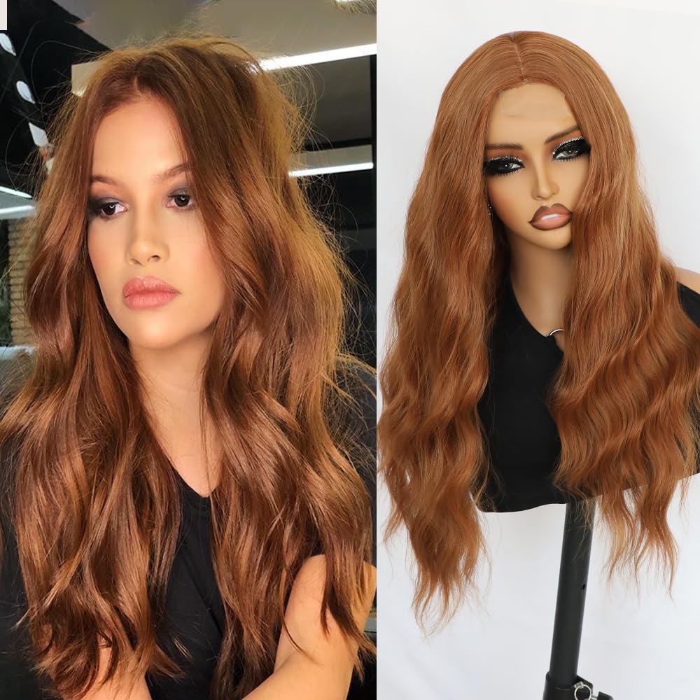 Maycaur Long Wavy Hair Ginger Color Synthetic No Lace Front Wigs for Black Women 22 Inch Heat Resistant Soft Fiber Hair