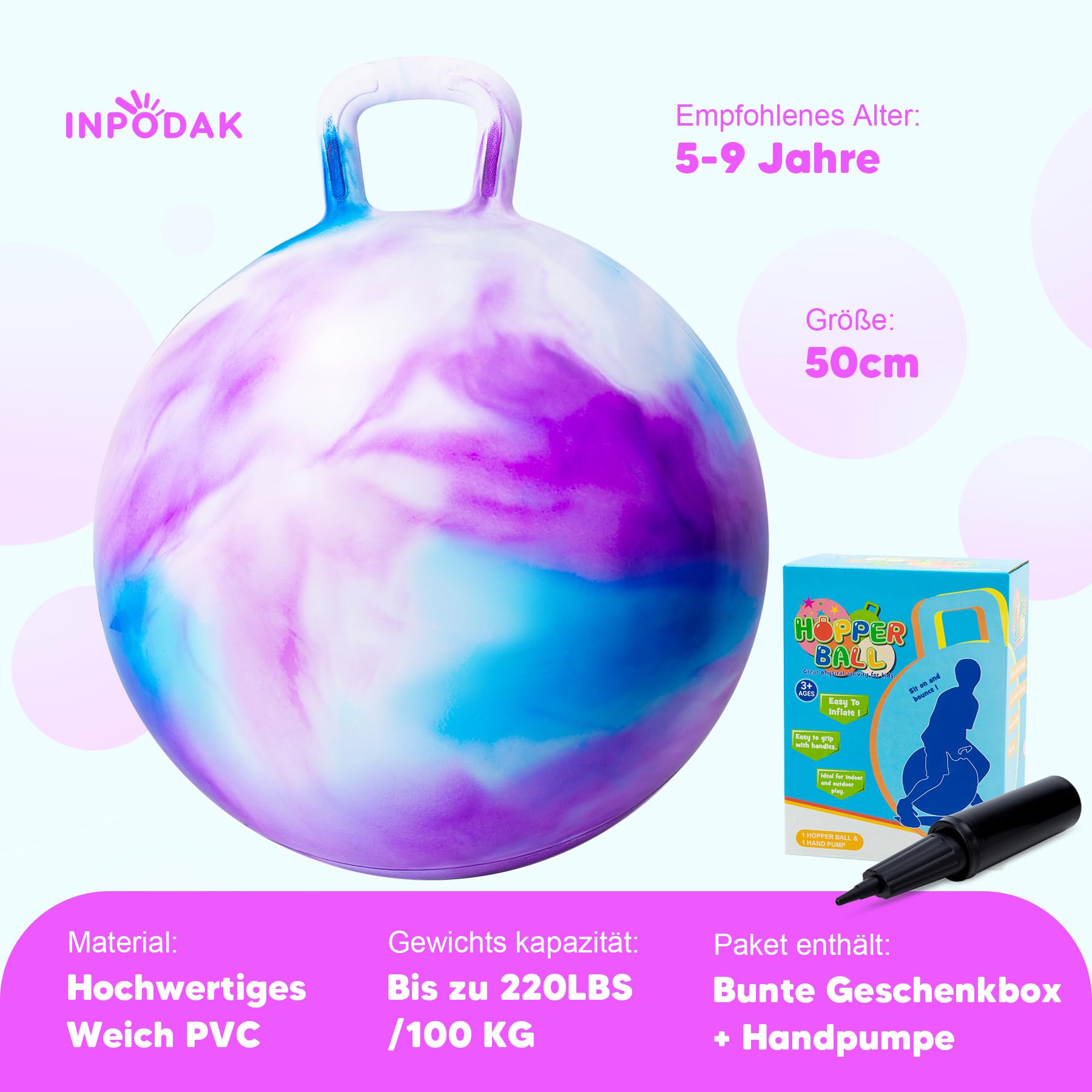 INPODAK 50cm Hüpfball,Aufblasbarer Hopper Ball mit Pumpe,100 KG Belastbar Sprungball mit Griff,rutschfest Space Hopper,20 Zoll Hüpfball für Kinder 5-9 Jahren Drinnen & Draußen
