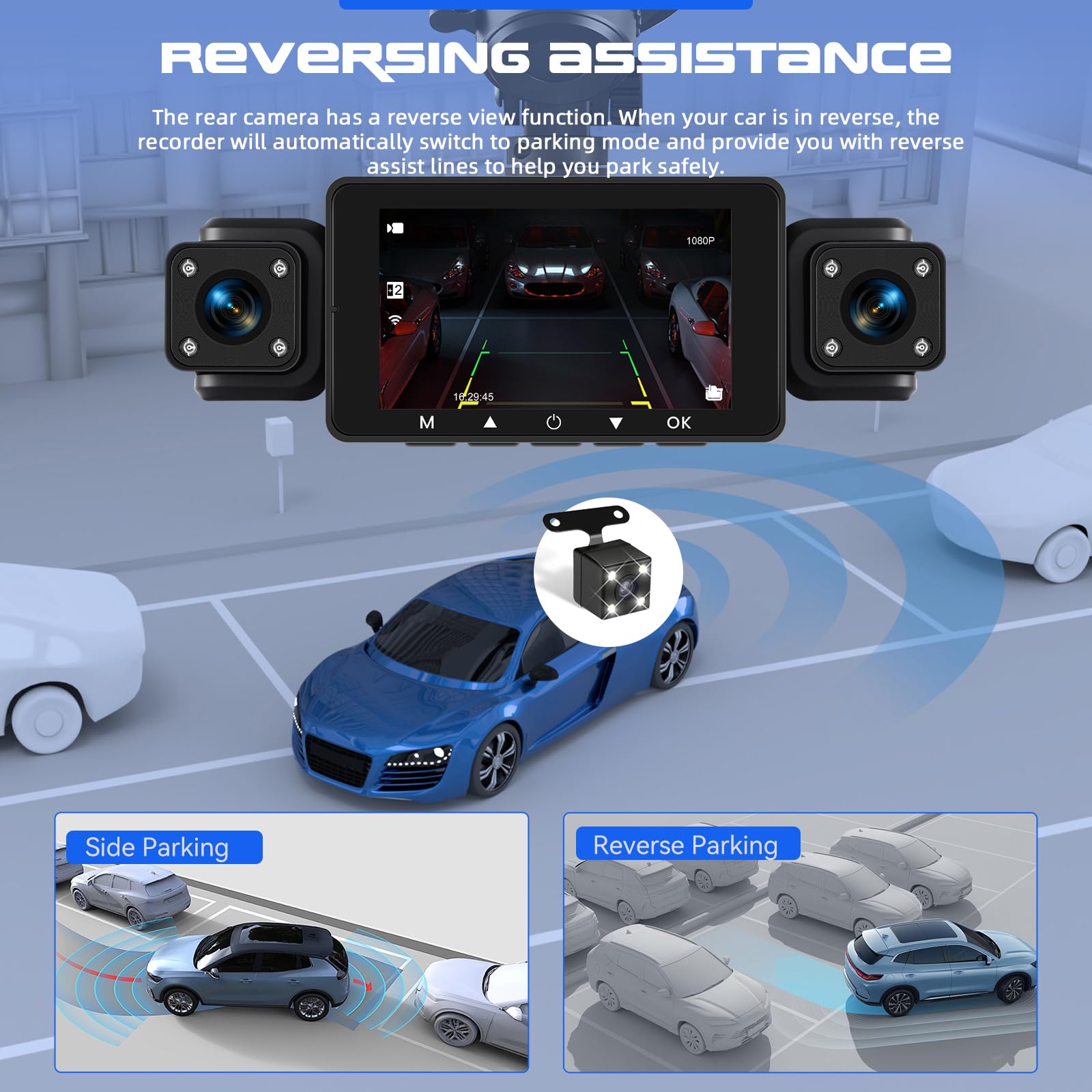 360 Degré 4 Canaux Tout Autour 1080P Car Dash Cam, 3 Pouces IPS Ecran avec WiFi/64GB/G-Sensor/Caméra Arrière/Mode Parking 24H/Vision de Nuit/Enregistrement en Boucle