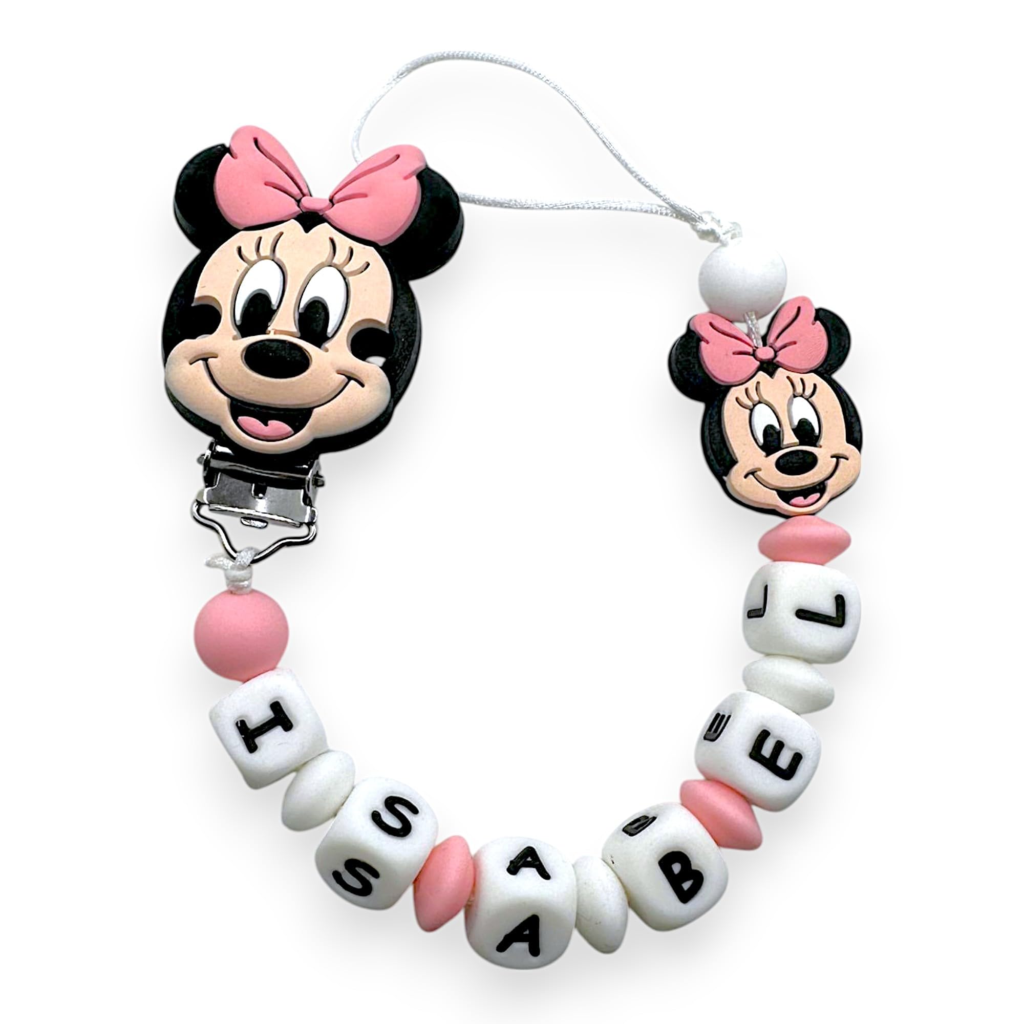 Catenella Portaciuccio Personalizzata con Nome per Neonati, Clip Ciuccio Universale Anticaduta, Idea Regalo Nascita (Minnie)