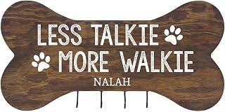 Rooms Organized Personalized Less Talkie More Walkie Wall Mounted Dog Bone Pet Leash Rack,Dog Collar Holder New Home Gift Ideas and 4 Hooks 16" L x 8" H 2.5." deep (Walnut Stain)