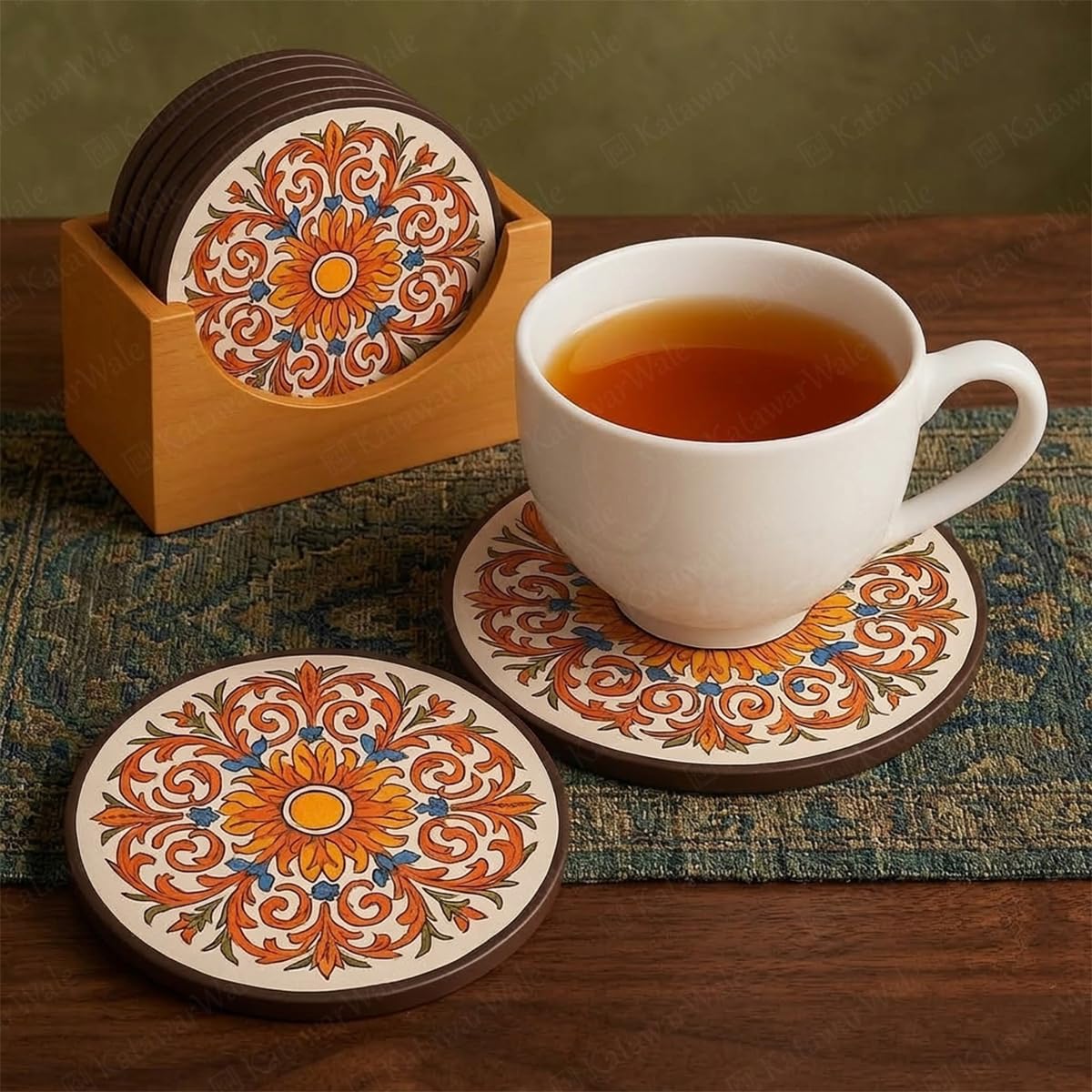 Coaster Set - Katawarwale Tea Coasters Set of 6 for Coffee Mugs & Glasses, Coasters for Dining Table for Hot Pots, Indian Gifts for Foreigners, Wooden Coasters with Stand Bamboo Heat Resistant Pads-image-37