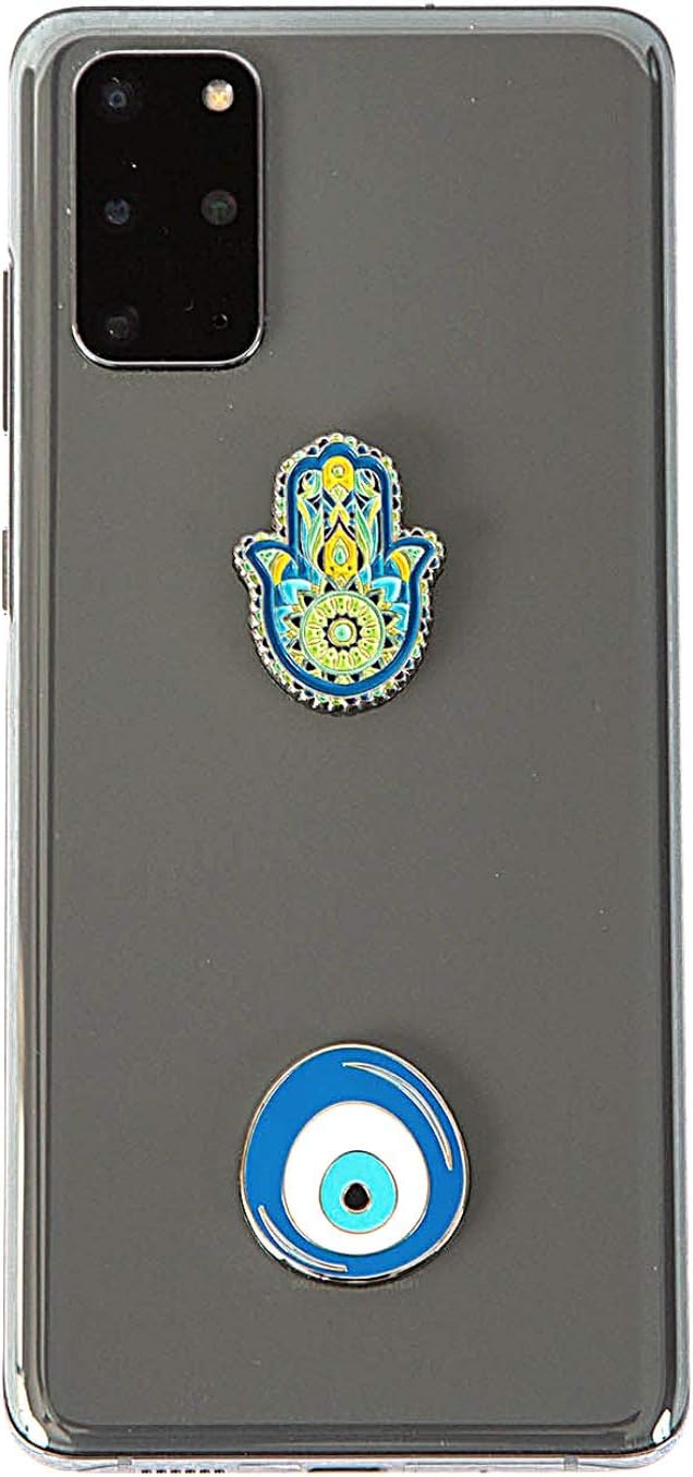 Metal Charm Stickers for Cell Phone Cases. Blue Evil Eye and Hamsa. Set of 2. Reusable & Removable. Leaves No Residue. Universal Spiritual Symbols of Protection and Good Luck. (Blue Greek Evil Eye and