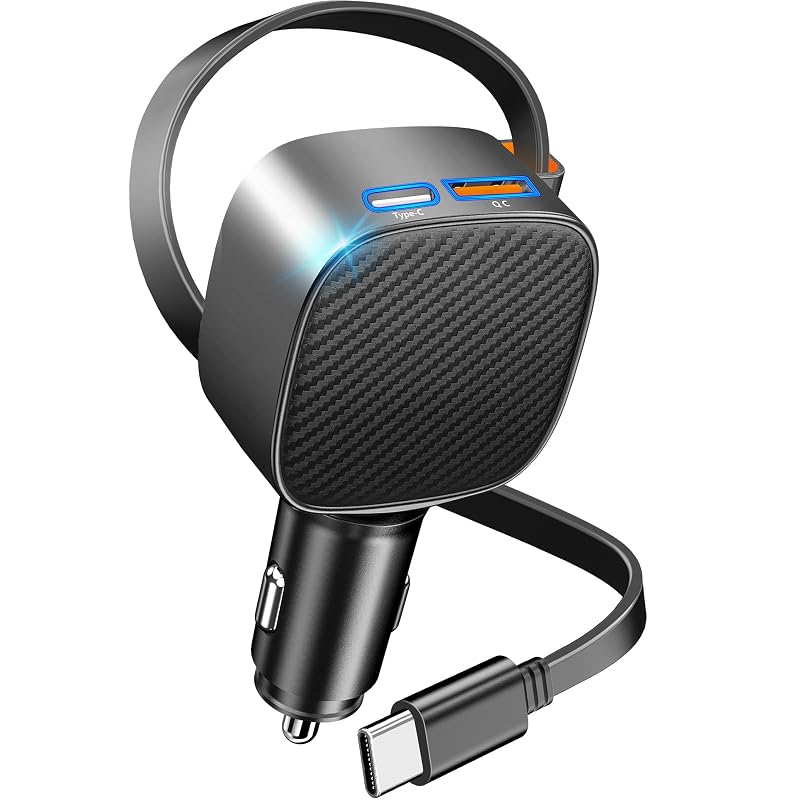 Carregador veicular retrátil Rombica 90 W com cabo USB-C MFi Certified, 3 portas, preto piano