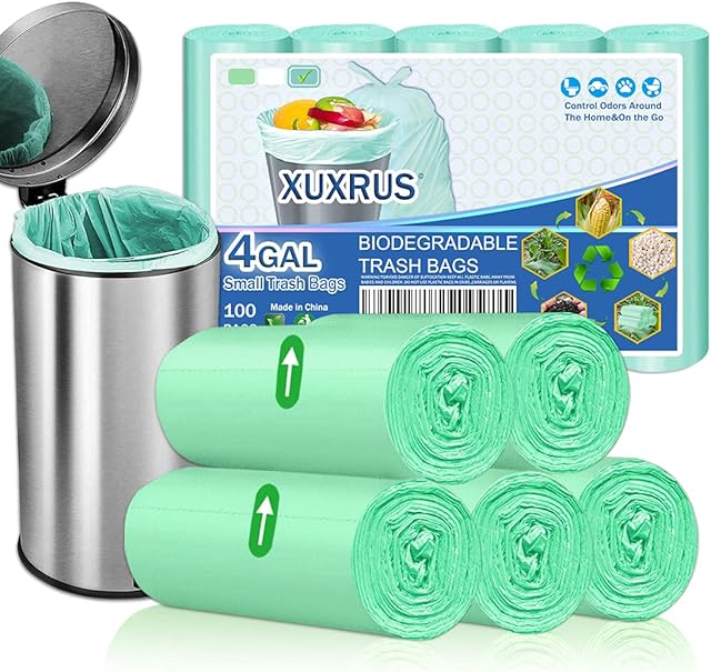 Bin Liners 15 Liters, 100 Counts Bin Bags Green Waste Bin Liners 4 Gallon Trash Bags for Kitchen Bathroom Office, Corn Starch Material