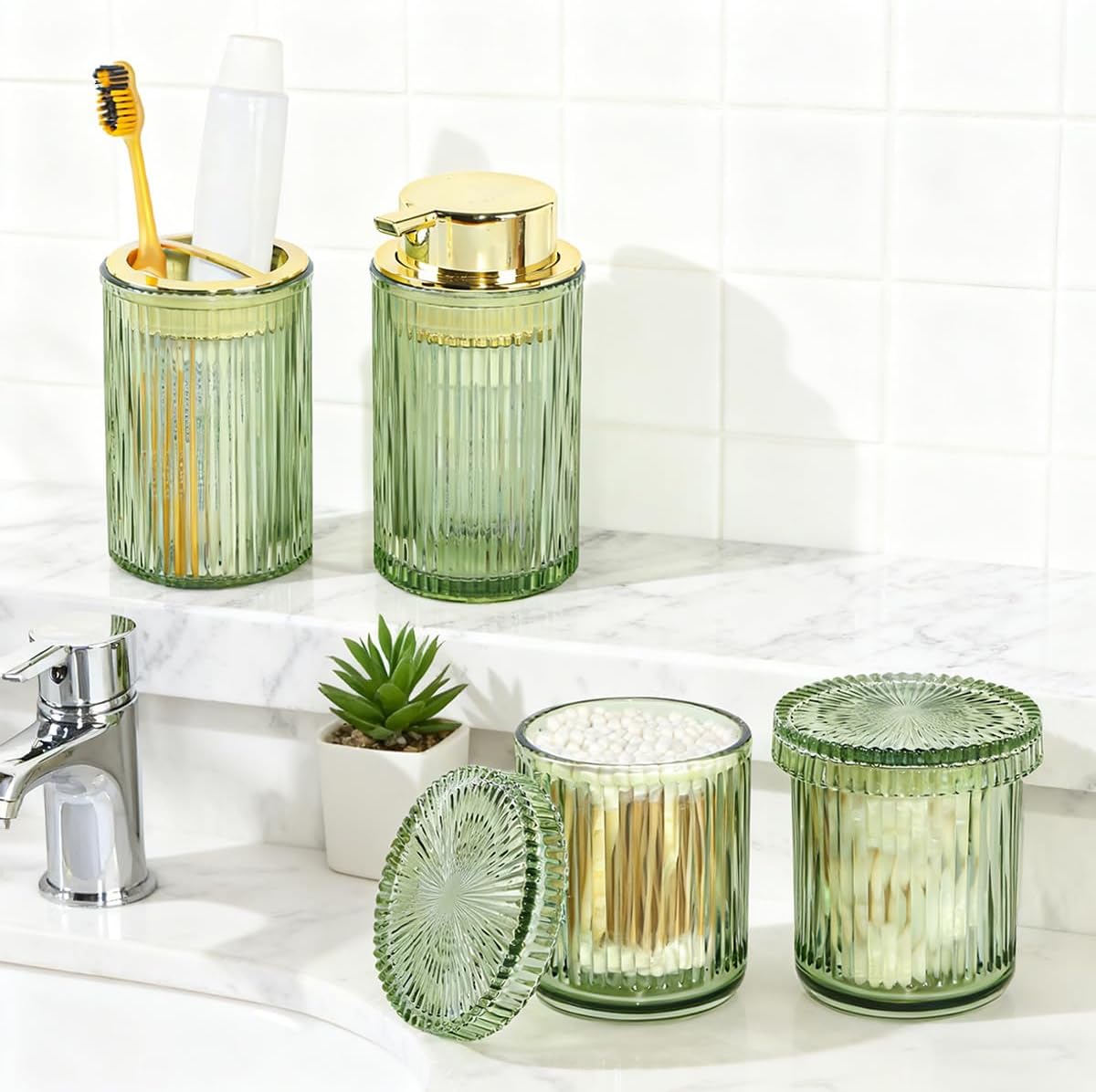 Glass Bathroom Accessories, 4 Pcs Bathroom Sets Complete, Soap Dispenser and Toothbrush Holder Set, 2 Qtip Holder, Bathroom Sink Organizer, Modern Ribbed Home Decor (Green)