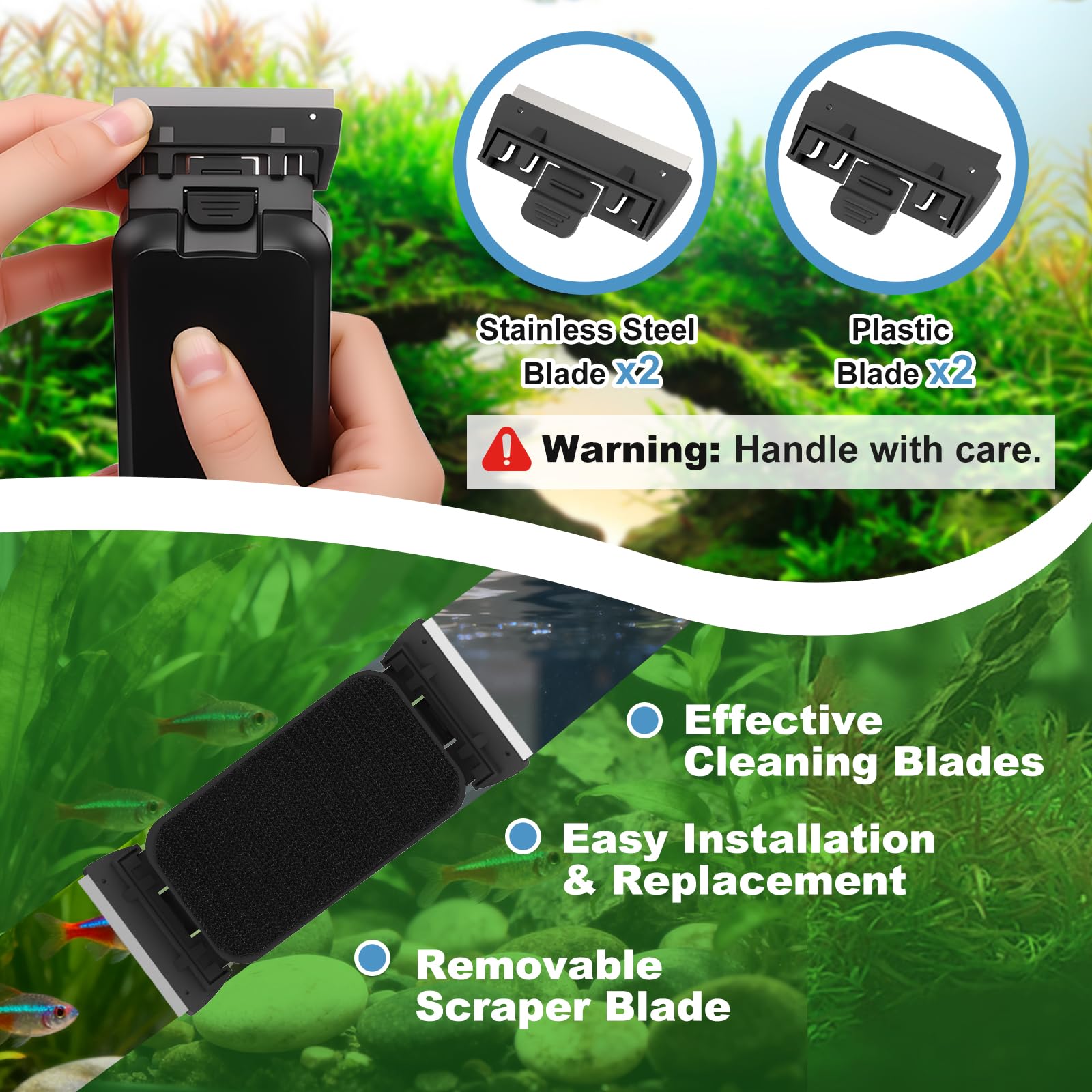 fishkeeper Nettoyant magnétique pour vitres d'aquarium avec 4 racloirs à algues | Brosse flottante 2 en 1, nettoyeur magnétique double face pour aquariums en verre et acrylique de 1 à 1,5 cm d'épaisseur (L)