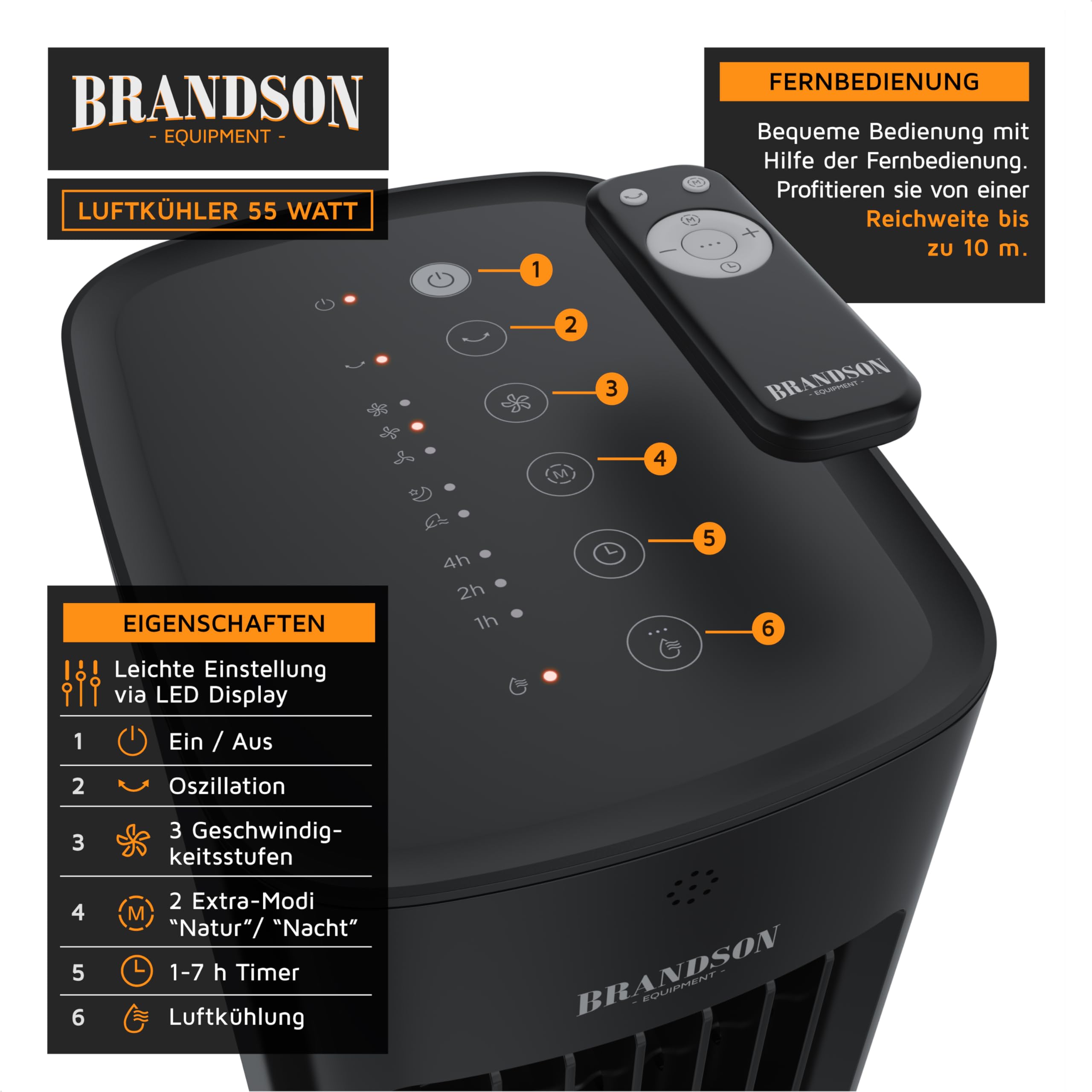 Brandson - Turmventilator mit Wasserkühlung - Sieger Ventilatoren und Luftkühler 2026-4 in 1 - Verdunstungskühler - Luftkühler - Ventilator - ohne Abluftschlauch- sehr leise