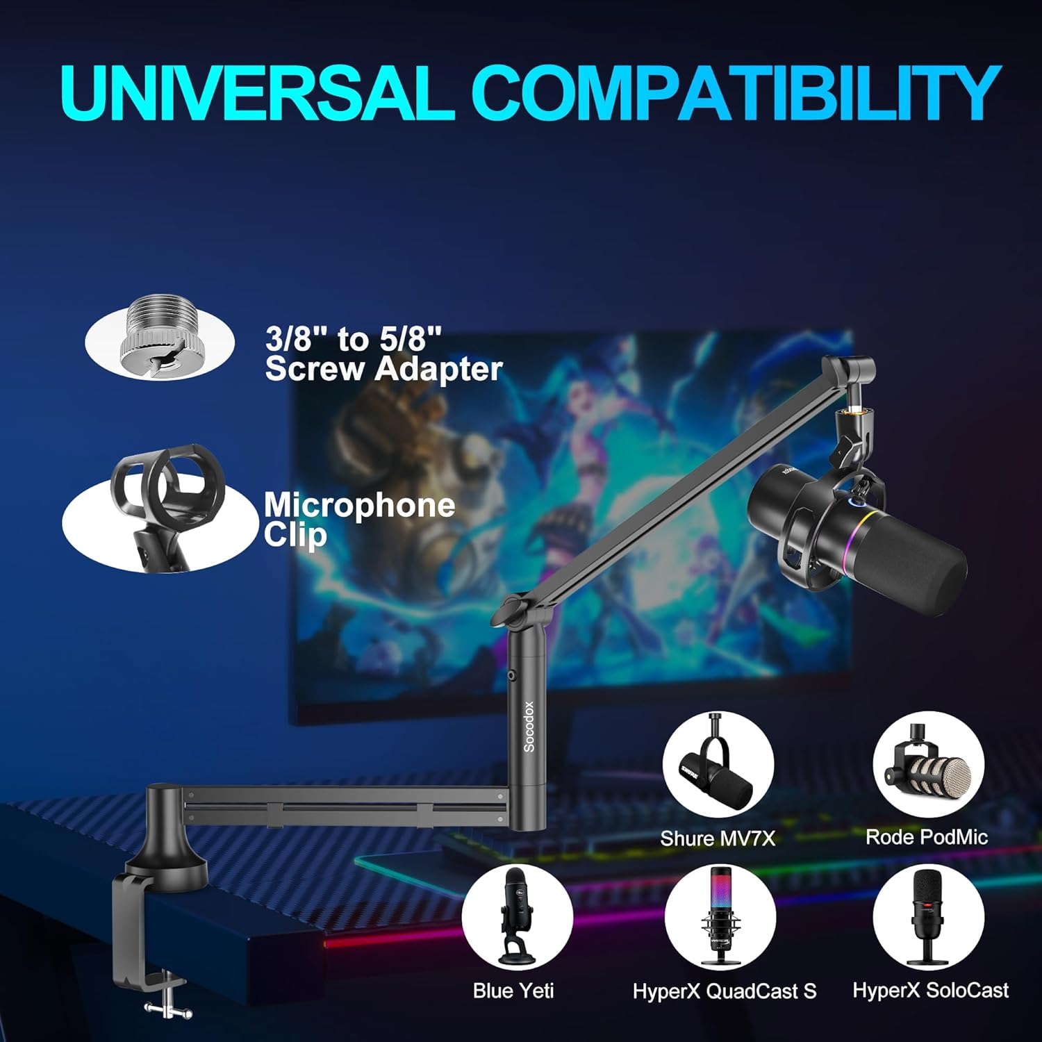 Low Profile Mic Arm,Upgraded Microphone Boom Arm Stand with 7cm Desk Mount Clamp and 3/8" & 5/8" Adapter, Heavy Duty Mic Stand for Blue Yeti, Podcasting, Gaming, Holds Up to 4.4lbs, Black