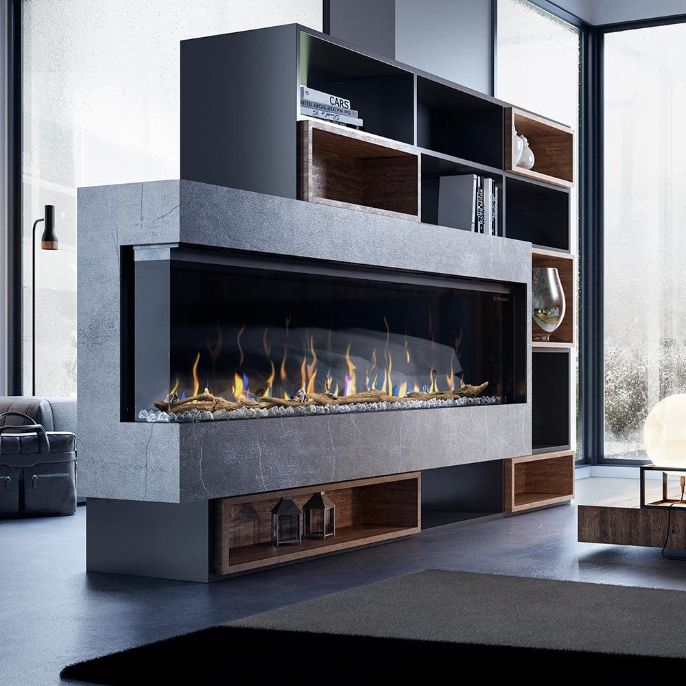 IgniteXL Bold - Chimenea eléctrica lineal moderna integrada de 74 pulgadas con múltiples opciones de pantalla, llamas multicolores, con cristales y juego de troncos de madera flotante, modelo: 3