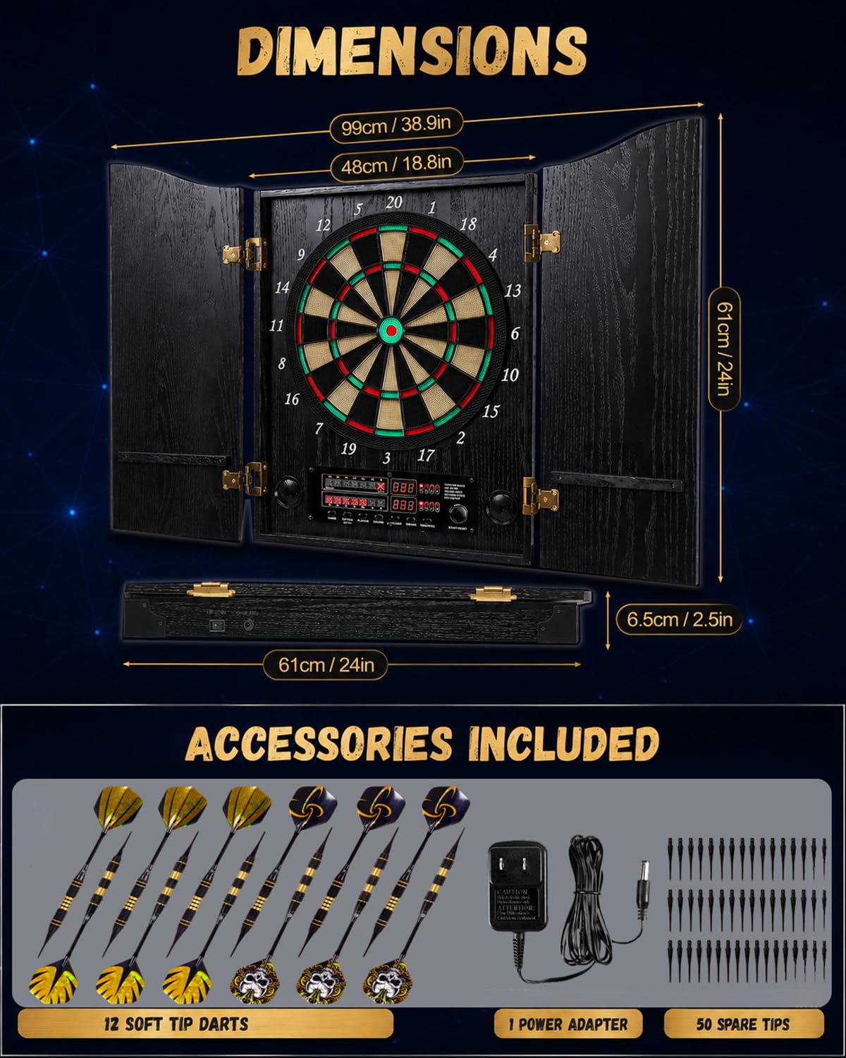 Jeu de Flechette Electronique avec Armoire en Bois Idéale pour La Famille | 25 jeux intégrés (Cricket, 301, 501), 1–8 joueurs, 50 pointes de rechange