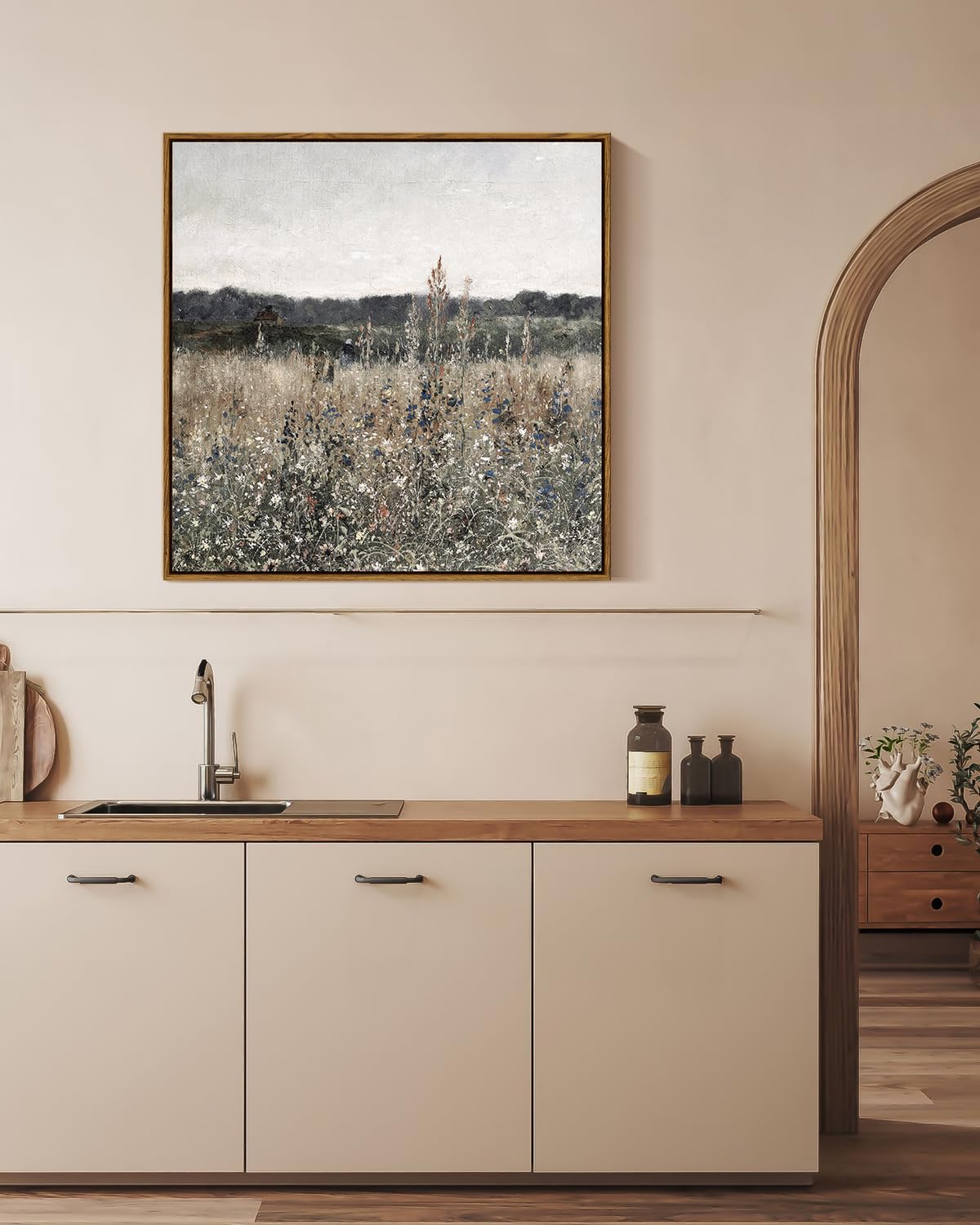 InSimSea Framed Canvas Wall Decor, Scenery Field Home Decor, 24x24in Vintage Meadow Flowers Wall Art Prints, Retro Nature Floral Wall Decor for Living Room Bedroom Home Bathroom