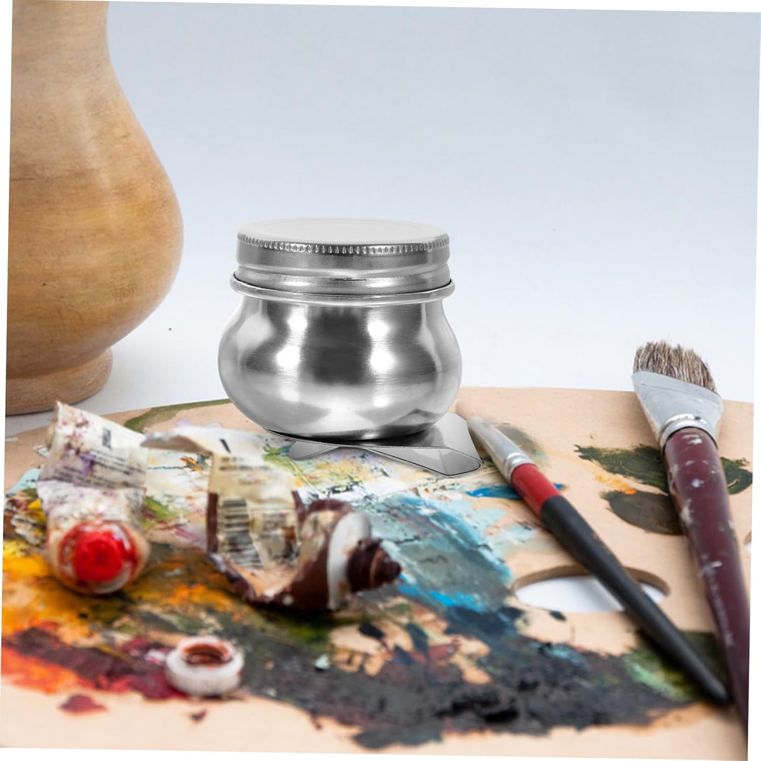 NUOBESTY 2pcs Stainless Steel Oil Palette Cup Set Lid Dipper Palette for Oil Painting Brush Cleaning Container for Artists and Painters