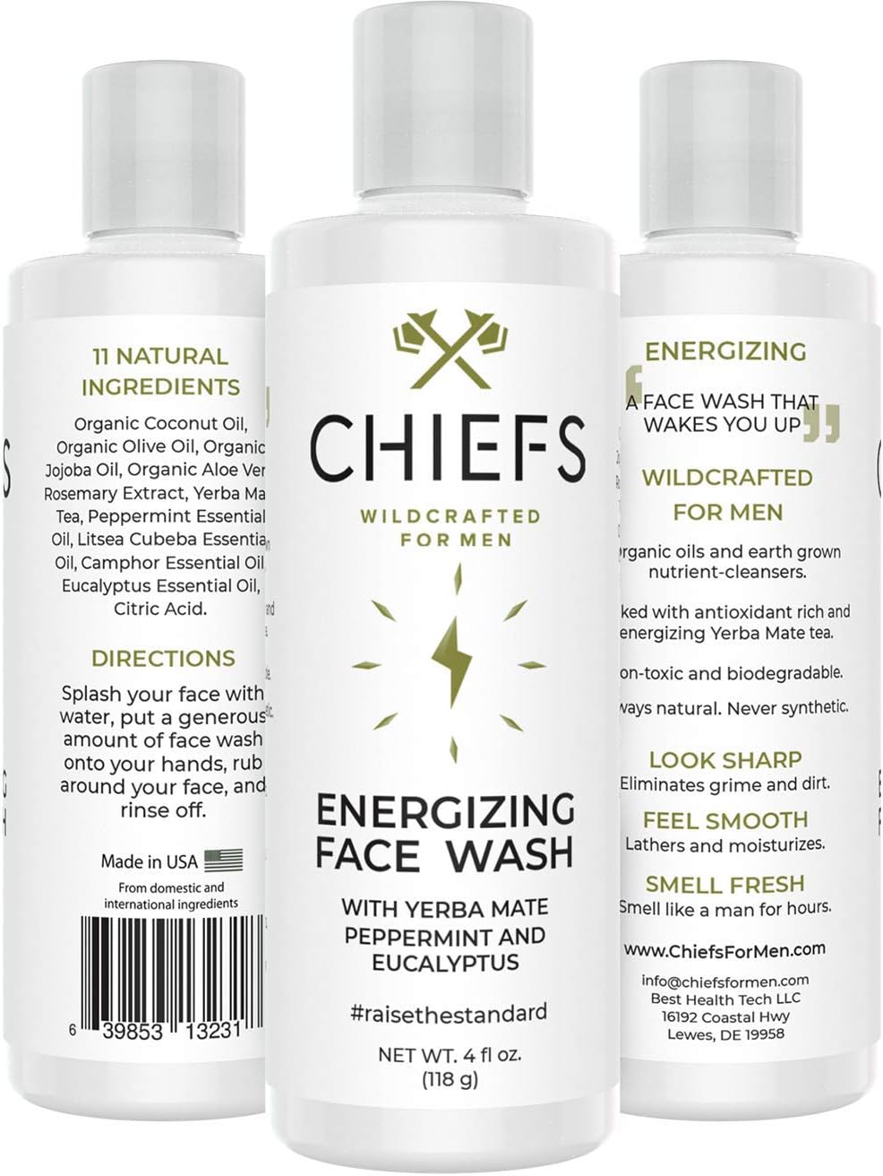 Chiefs For Men: Energizing Face Wash - All Natural Facial Cleanser - 4 oz Bottle - Yerba Mate, Peppermint, & Eucalyptus - Provides A Deep, Thorough Clean - Soothes & Moisturizes Skin