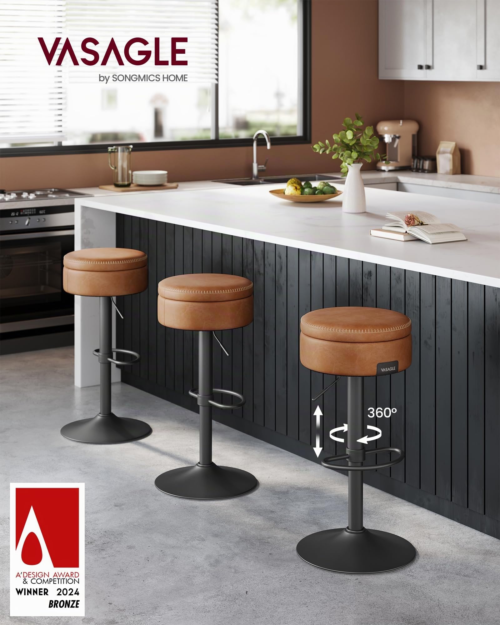 VASAGLE EKHO Collezione - Sgabello Cucina Girevole a 360°, Sgabello da Bar Regolabile in Altezza con Scomparto, Rivestimento con Cucitura, Moderno di Metà Secolo, Montaggio Facile, Marrone Caramello