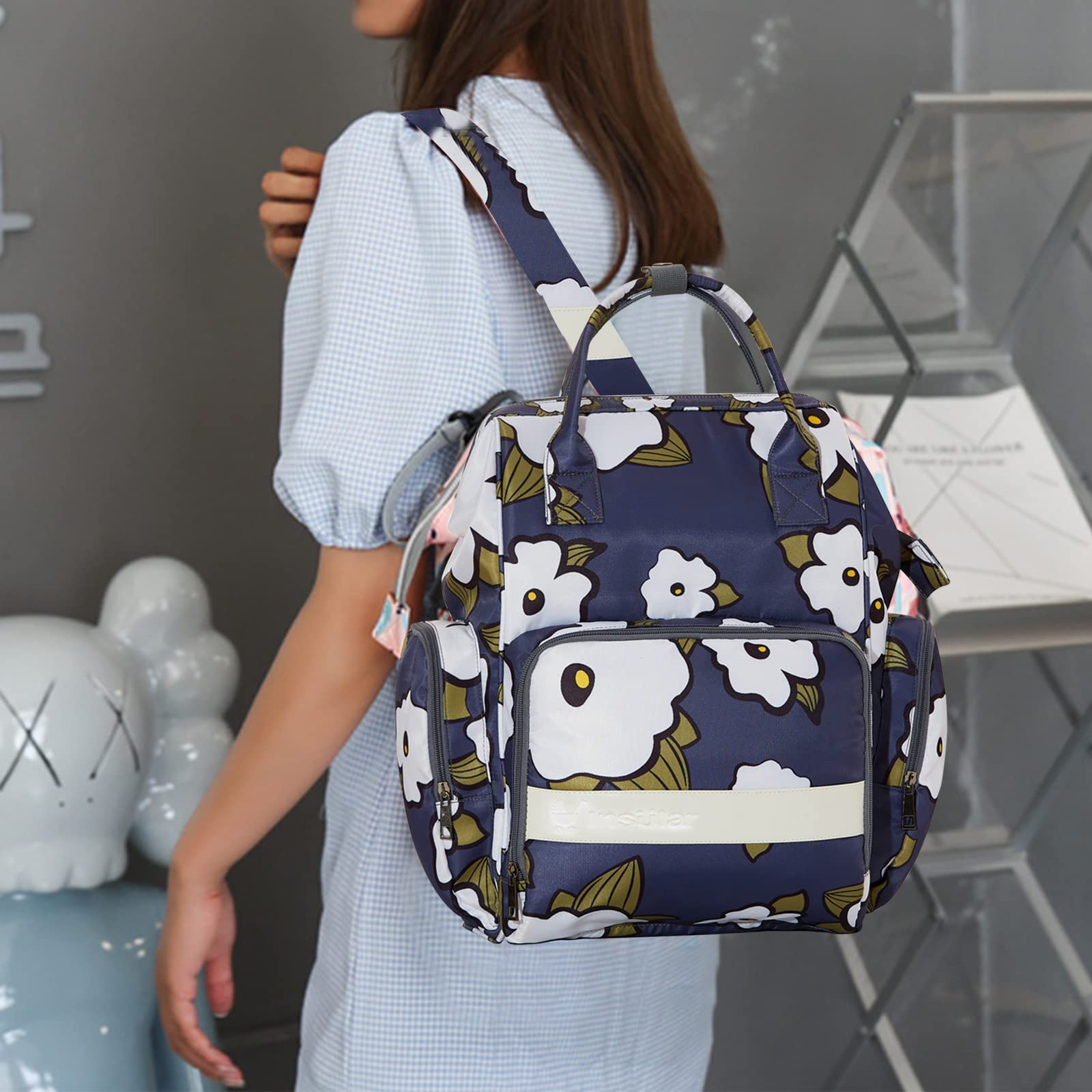 SONARIN Multifunzionale Impermeabile Zaino Fasciatoio,Grande Capacità Borsa per Pannolini Zaino Mamma Neonato Viaggio Borsa Fasciatoio con Fasciatoio & Ganci per Passeggino(Fiori)