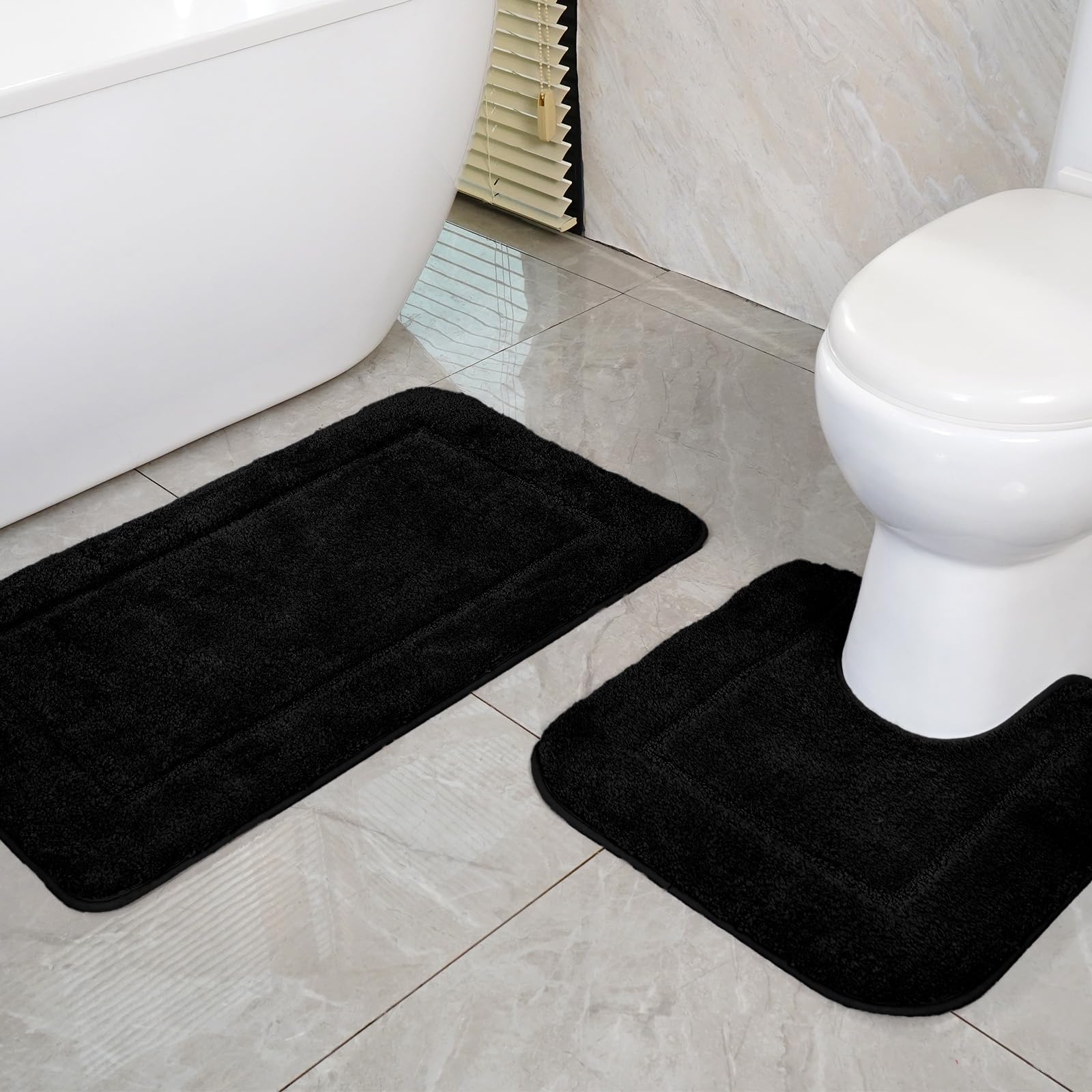 SOANNY Black Bath Mat Set of 2, High Density Soft Microfiber Non-Slip Bathroom Mats with Water Absorbent, 53x86 cm Bathtub Rug & 50x50 cm Toilet Pedestal Carpet, Shower Rugs Machine Washable