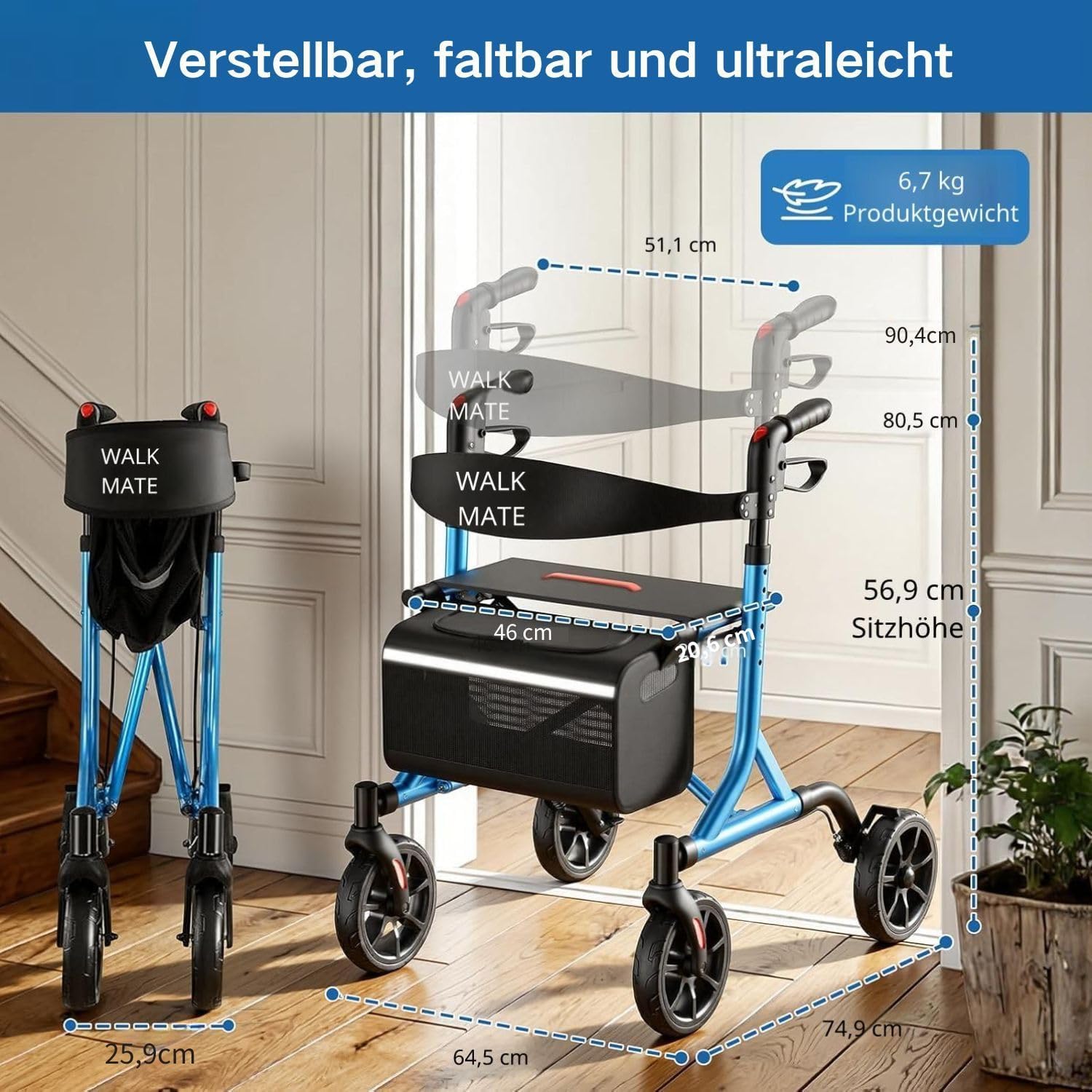 WALK MATE Rollator Faltbar und Leicht mit Sitz für schmale Wohnungen | ergonomische Höhenverstellung 150–190 cm,Rollatoren für Senioren Klappbar mit 20cm Reifen, nur 6.7kg leicht