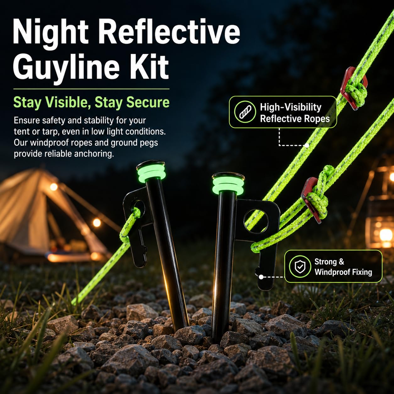 Robustes 21-teiliges Zeltzubehör-Set mit 20 cm Erdnägeln aus hochfestem Metall, windfest für Camping & Outdoor, reflektierende Abspannseile