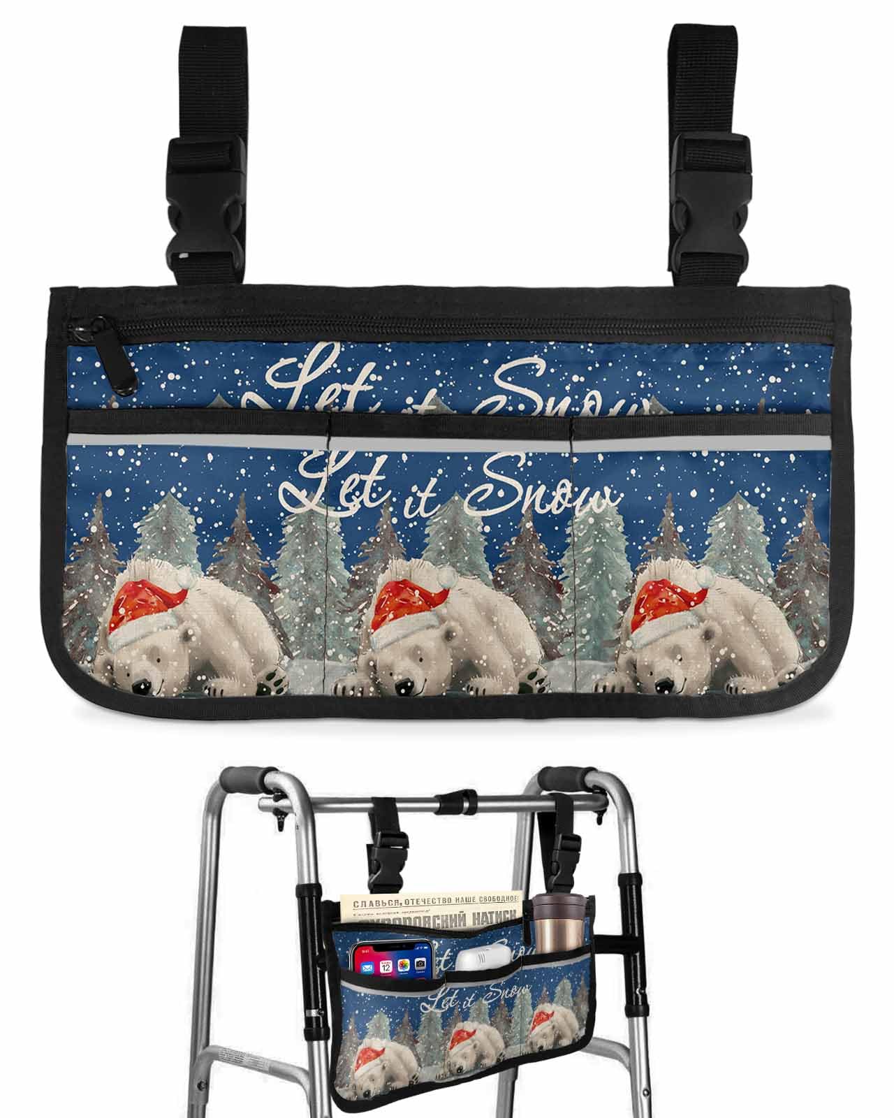 Anzona Blue Christmas Bear Wheelchair Side Bag Walker Bag, Vintage Xmas Trees Snowfall Wheelchair Accessories Armrest Pouch, Organizer Storage Bag for Walkers, Rollators, Scooters, 7.3''x13''