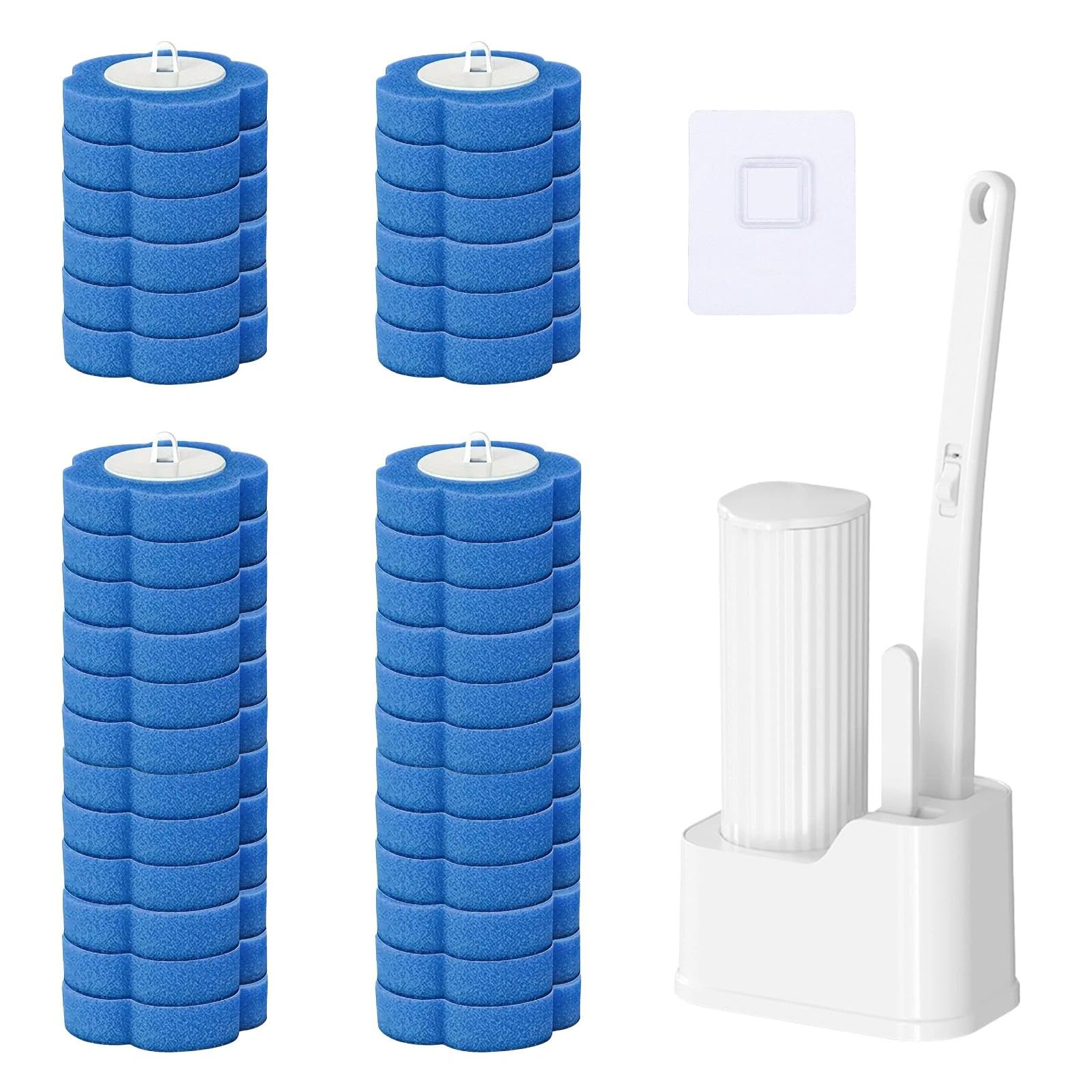 Disposable Toilet Brush Set with 36 Refills & Wall Mounted Holder, Toilet Bowl Cleaning System with Scrubber Wand and Storage Box, Replacement Brushes for Bathroom and Loo Cleaning