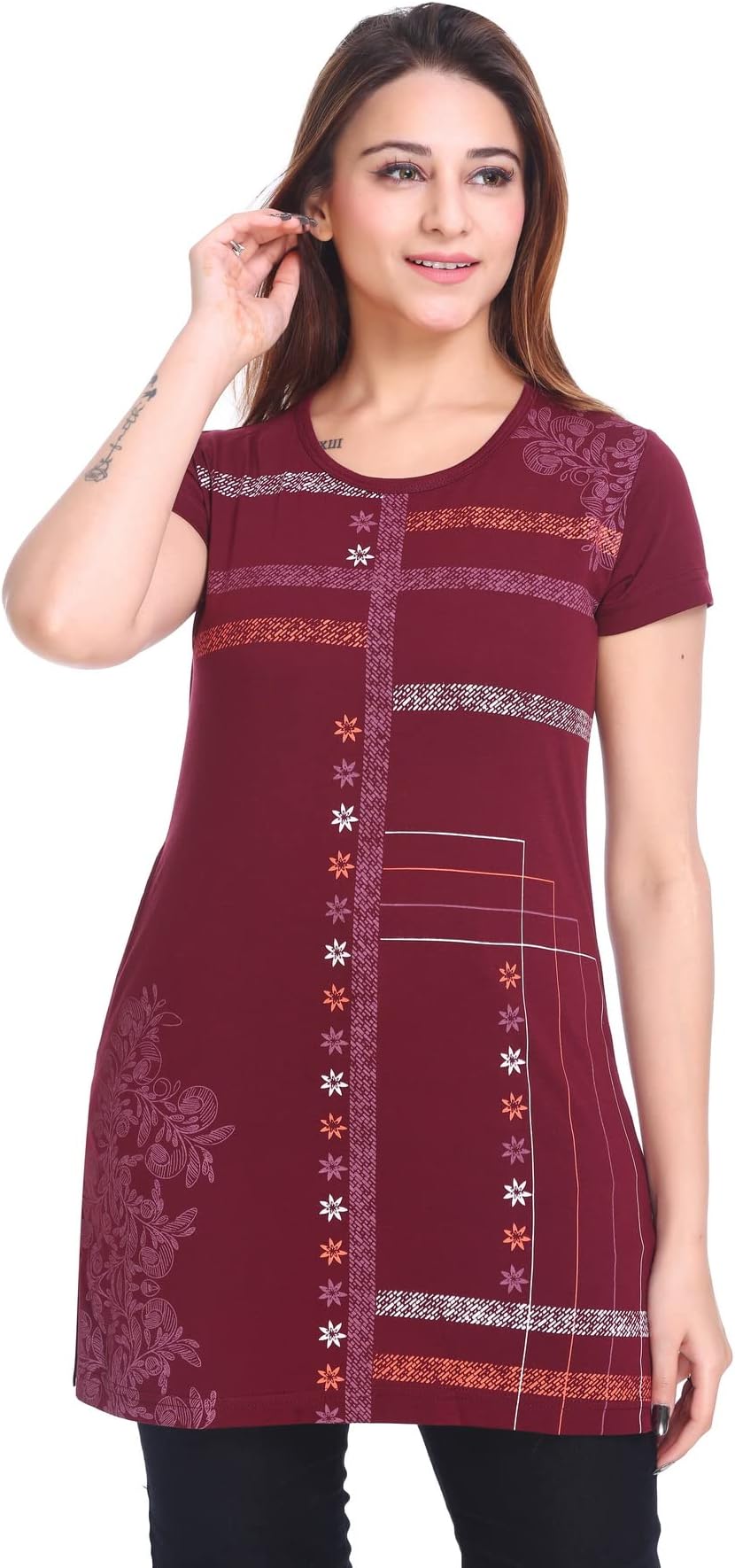 PlushWomen's Long Printed Cotton Round Neck Half Sleeve T-Shirt/Tshirts (DPL-PT-001)