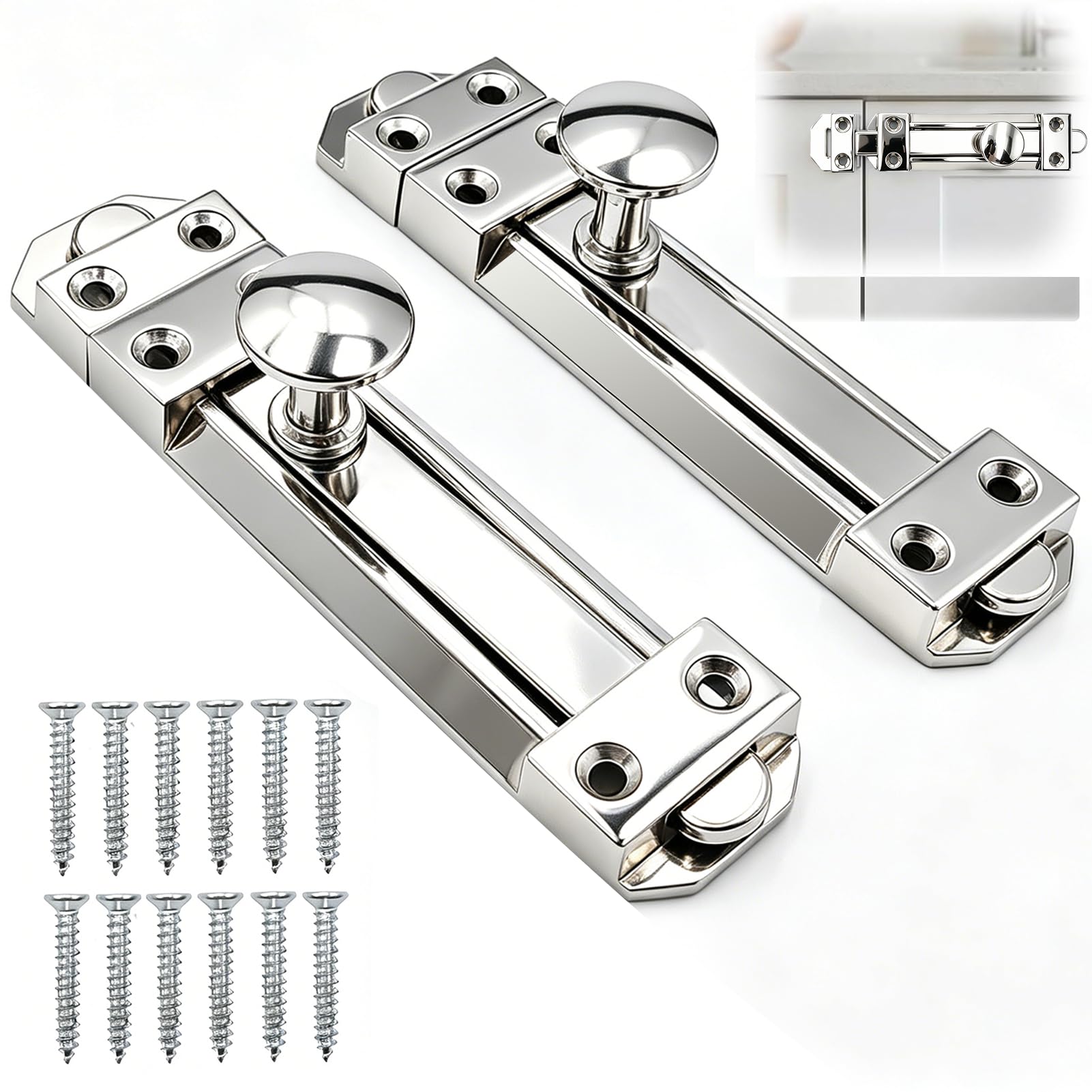 2 Pack Chrome Door Bolt Sliding Surface Mounted Latches 4 Inch/100mm Heavy Duty Thick Tower Bolt Security Slide Door Lock Bolts for Internal Doors, for Bathroom Bedroom Cupboard, Silver