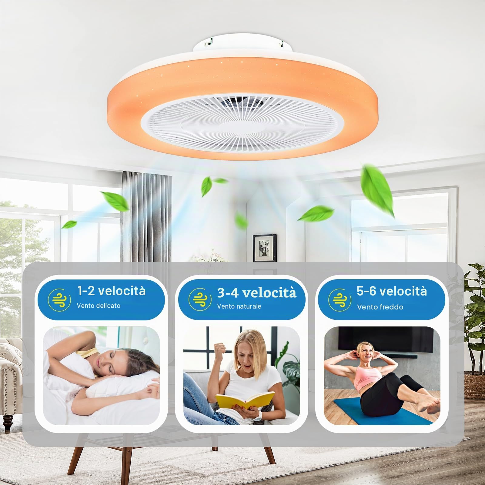 Ventilatore da Soffitto con Luce RGB, 50cm Lampadario Ventilatore Silenzioso LED Dimmerabile, Telecomando e APP, 6 Velocità, Timer, RGB Plafoniera Ventilatori per Camera da Letto Soggiorno