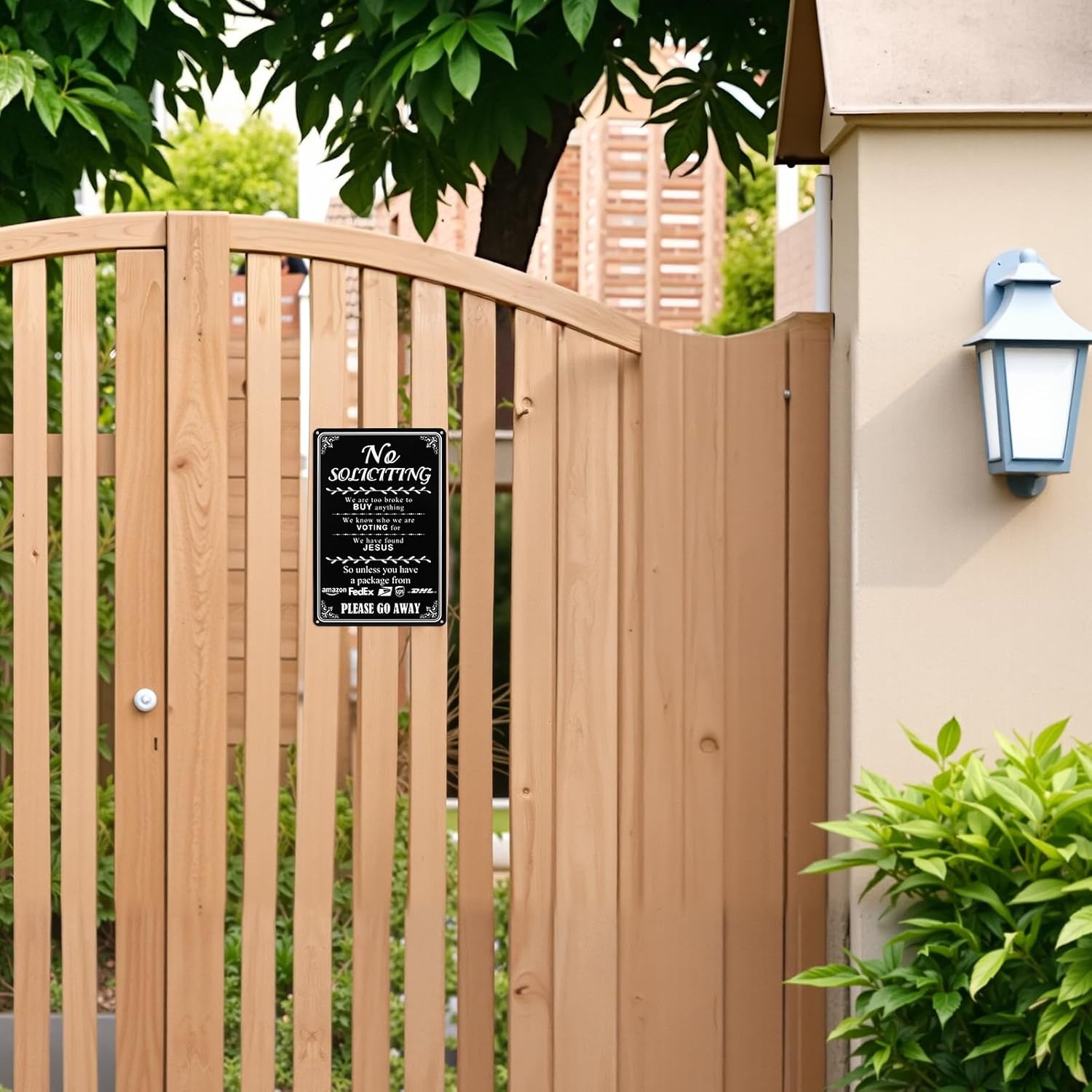 Funny No Soliciting Sign for House Front Door, Metal Rustproof Sign, Humorous "We're have found Jesus" Door Sign with Double Sided Foam Tape, 11.7 x 7.8 Inch - Image 2