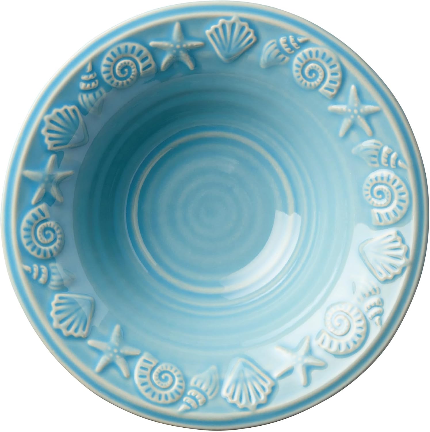 Coastline Blue Stoneware DEEP SERVING BOWL 11 x 3.5 Inches, embossed coastal shell and starfish bowl with glossy sea-blue glaze, durable beach house serveware for salads, pasta, vegetables