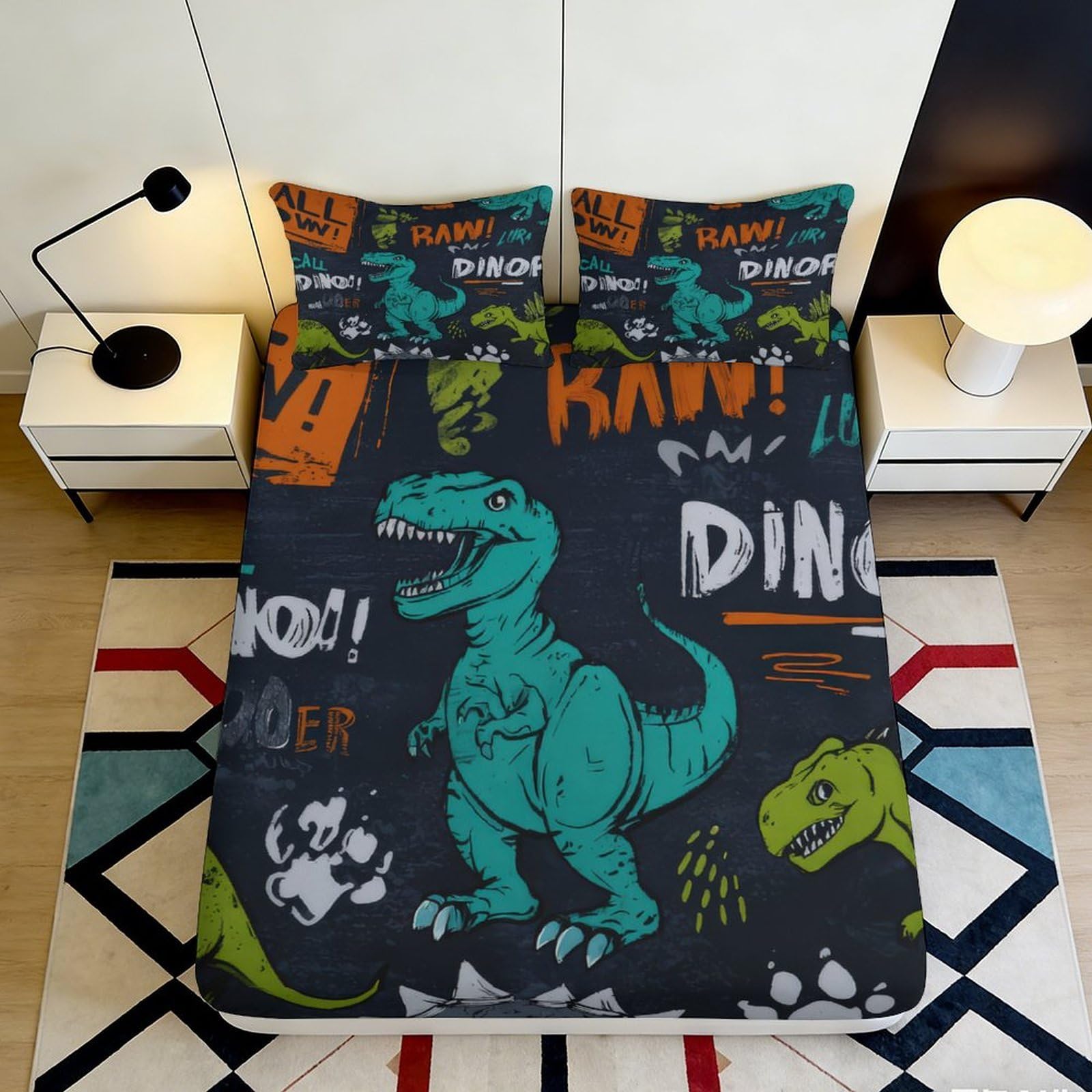Jqzkxnhpbr Style-4 3D Printed Cartoon Dinosaur Fitted Sheet Microfiber Soft Breathable Graffiti Bed Cover For Bedroom Dorm Decor 90X200x25cm