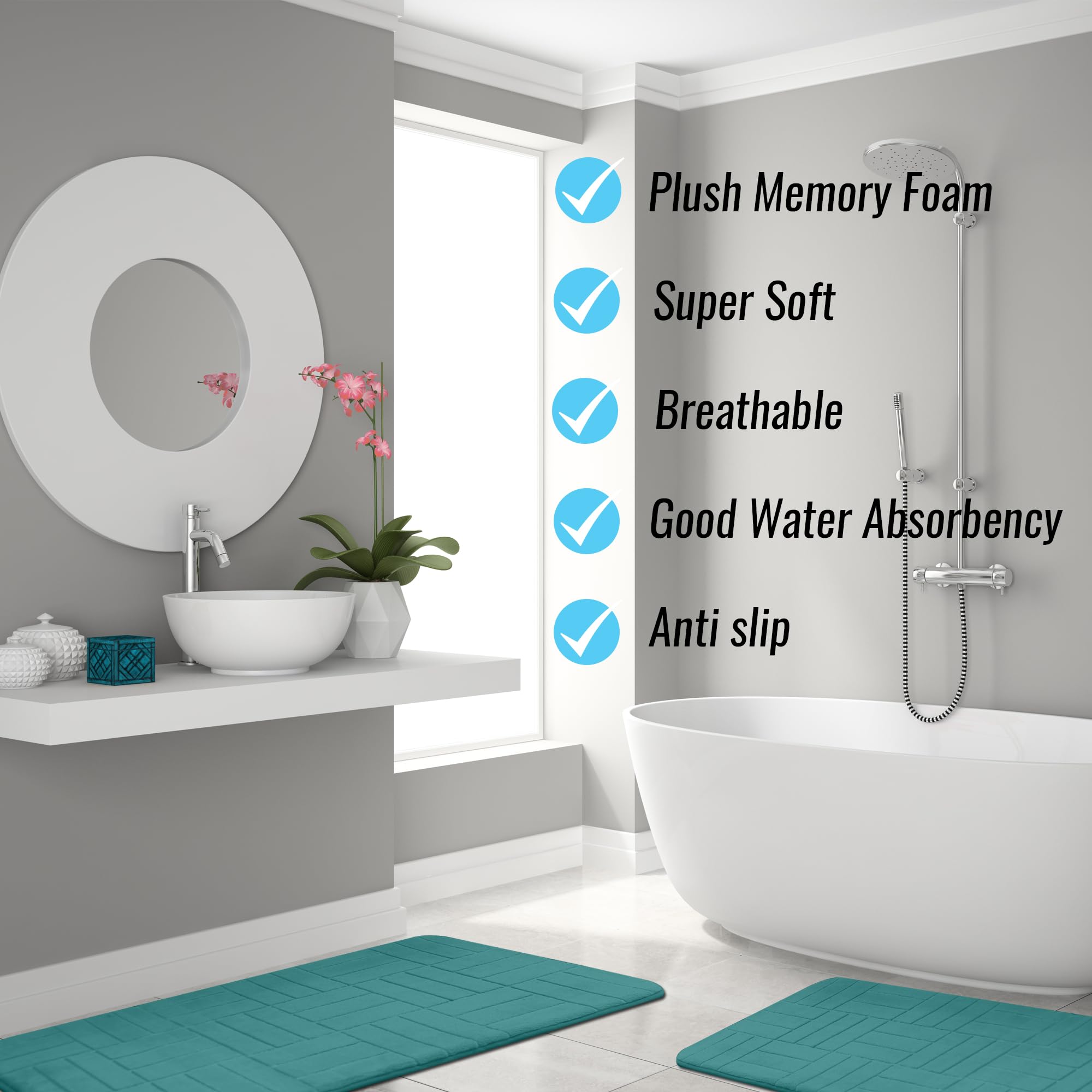 Juego de 5 alfombras de baño de espuma viscoelástica, suaves y cómodas, antideslizantes, gruesas, absorbentes, lavables a máquina, color verde azulado aguamarina