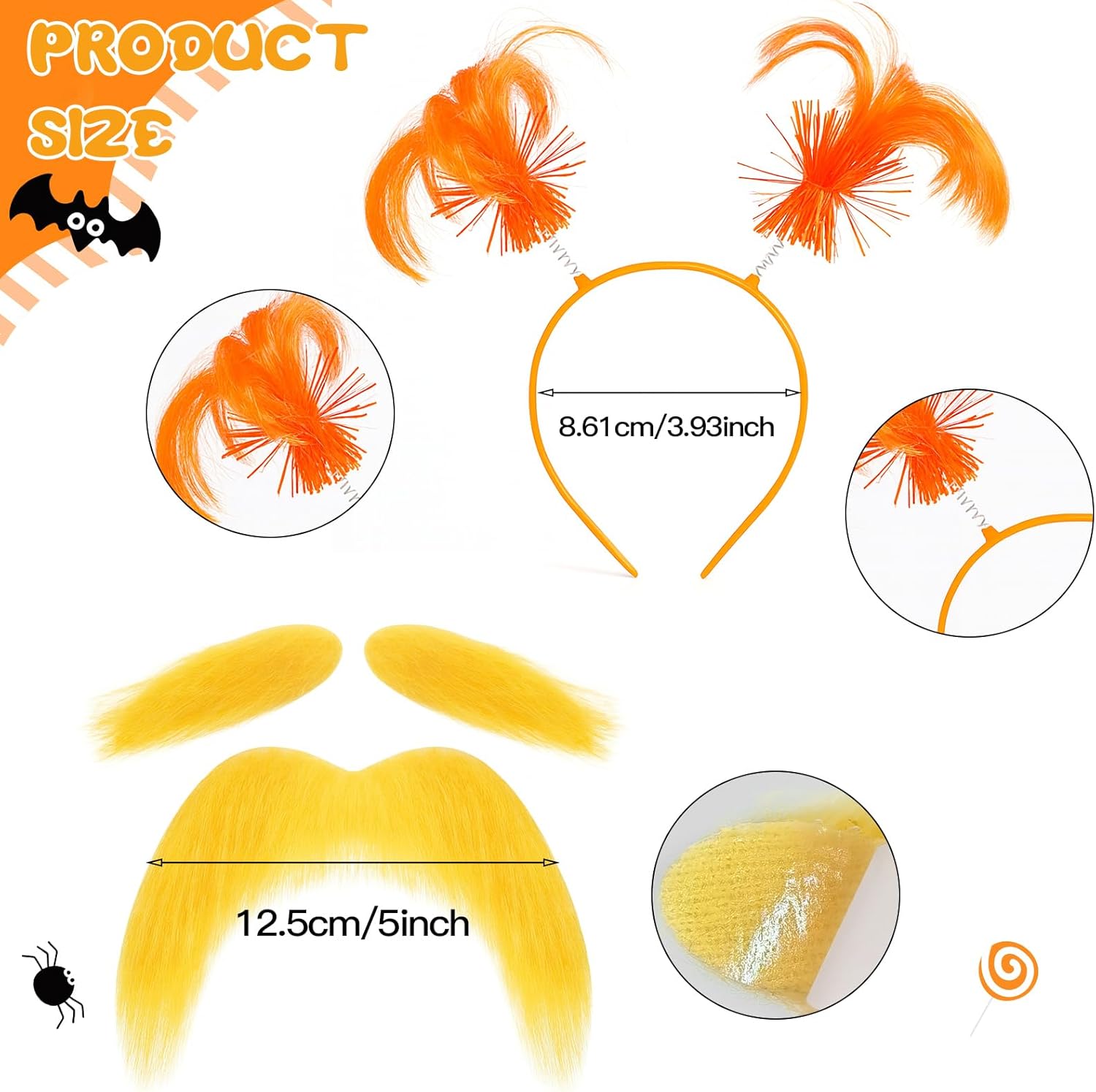6 Pcs Orange Costume Accessories Set Yellow Mustache and Eyebrows T Shirt Skirt Gloves Headband for Women - Image 2