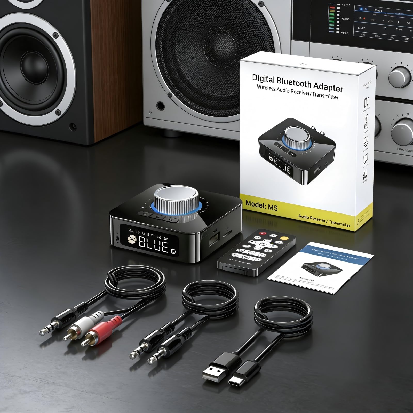 Adaptateur Bluetooth 6.0 HiFi, Émetteur/Récepteur avec Affichage LED, 2RCA/3.5mm AUX, Lecture USB/TF et Appels Mains Libres, Compatible avec Smartphone/Home Cinéma/Voiture/TV/PC/Enceintes