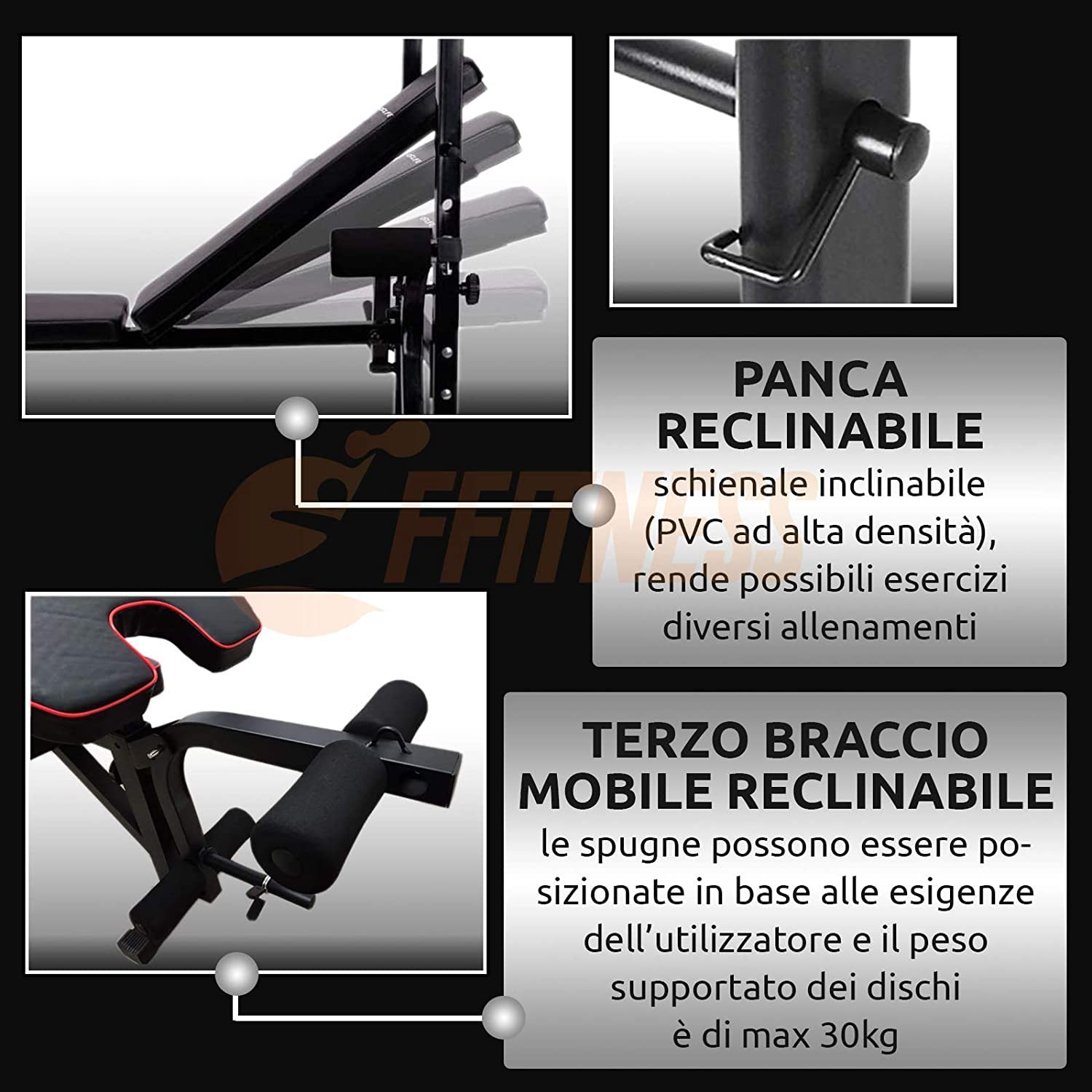 FFitness Banc multifonction pour salle de sport avec barre de 180 cm, banc de musculation réglable, station de remise en forme avec barre droite