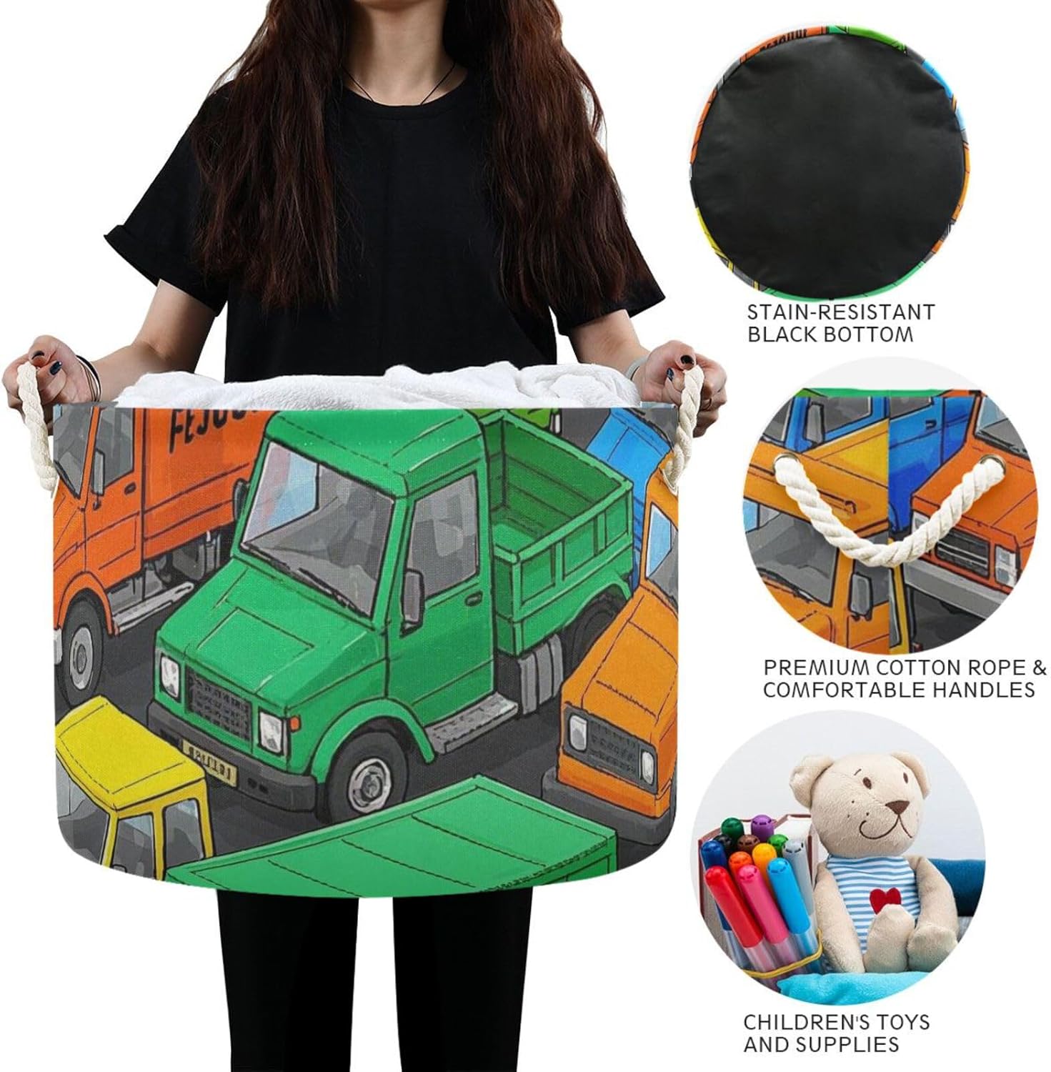 Cute Cartoon Traffic Car storage basket collapsible and waterproof clothes storage basket with sturdy handle round 19 gallon bins for office pantry house